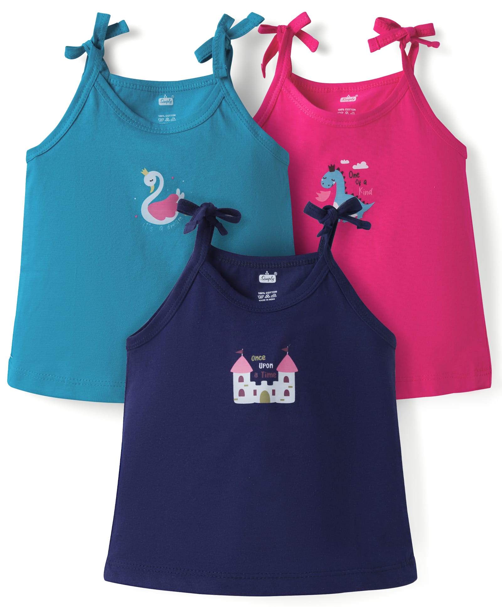 Simply Sinker Knit Sleeveless Slips with Dino & Swan Print Pack of 3 - Turquoise Fuchsia & Navy Blue-picture-23