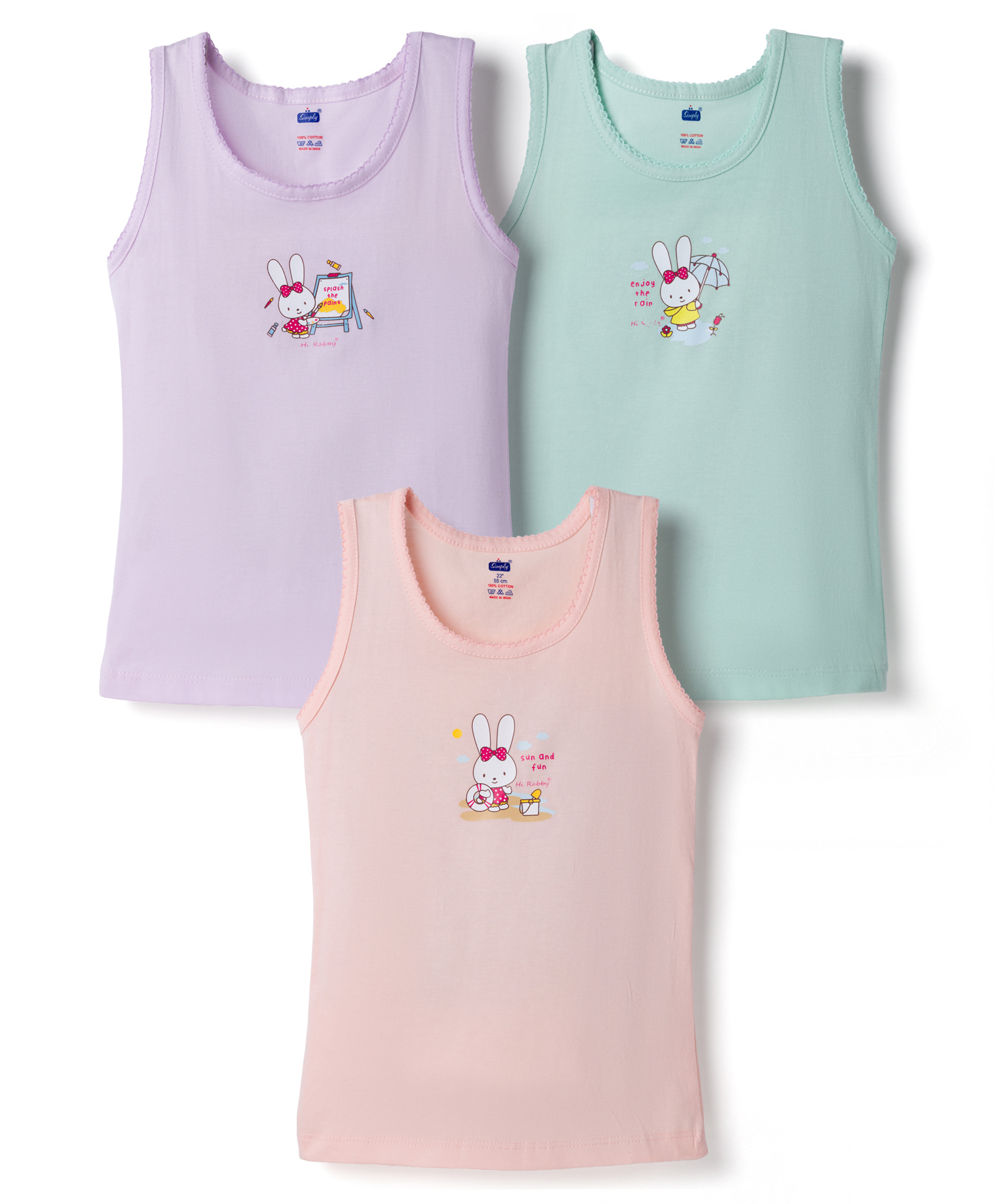 Simply Sinker Knit Sleeveless Slips with Bunny Print Pack of 3 - Peach Lavender & Mint-image-12