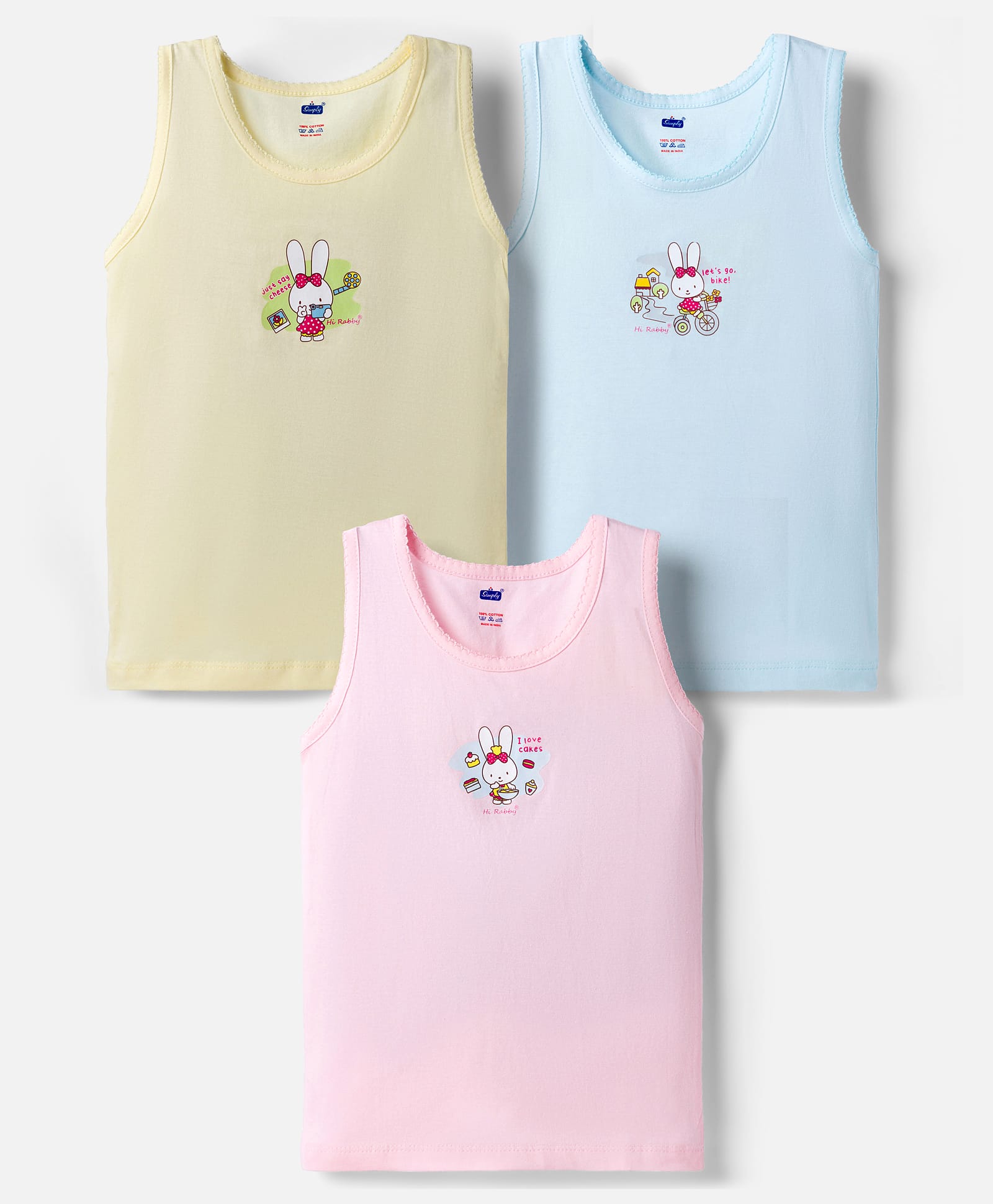 Simply Sinker Knit Sleeveless Slips with Bunny Print Pack of 3 - Baby Pink Yellow & Aqua Blue-picture-22