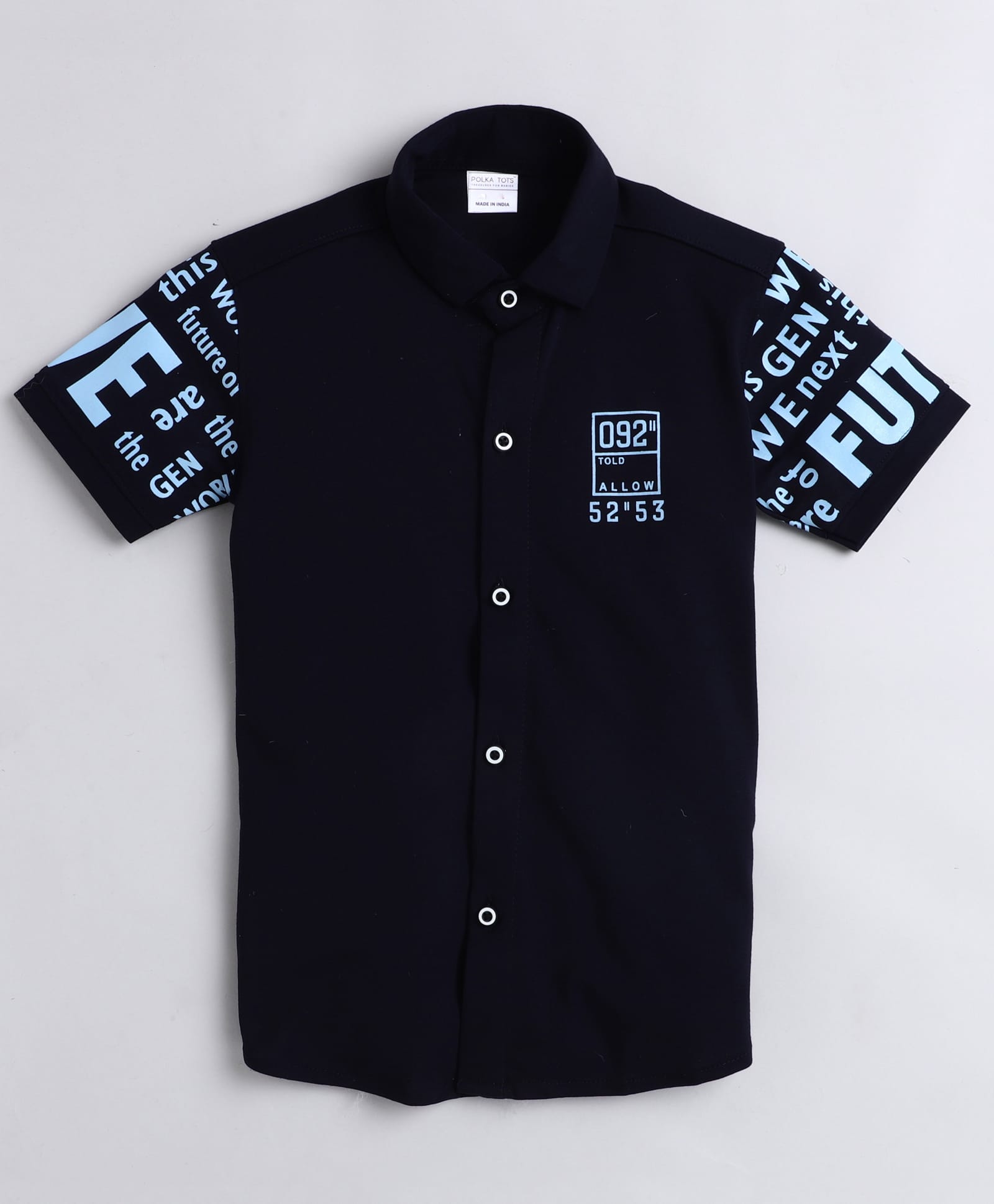 Polka Tots Cotton Woven Half Sleeves Placement Typography Printed Shirt - Navy Blue-picture-44