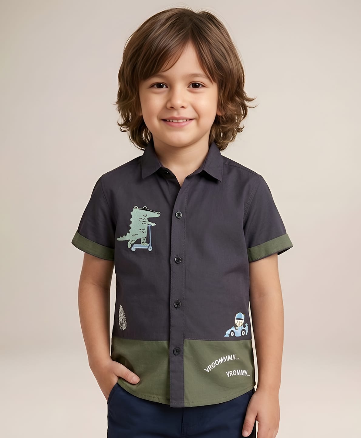 Polka Tots Cotton Woven Half Sleeves Colour Blocked Animals Printed Shirt - Grey & Green-picture-36