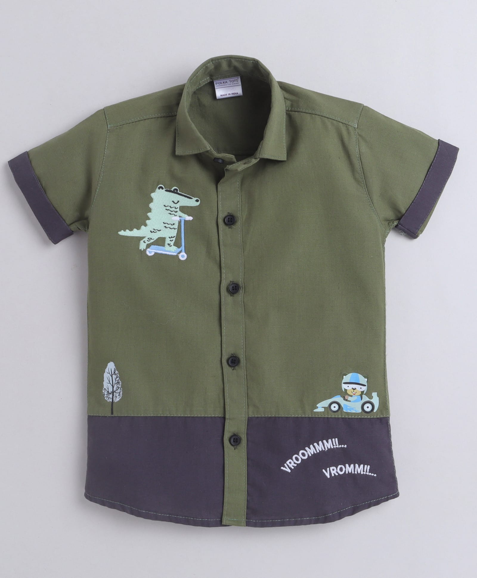 Polka Tots Cotton Woven Half Sleeves Colour Blocked Animals Printed Shirt - Green & Grey-picture-16
