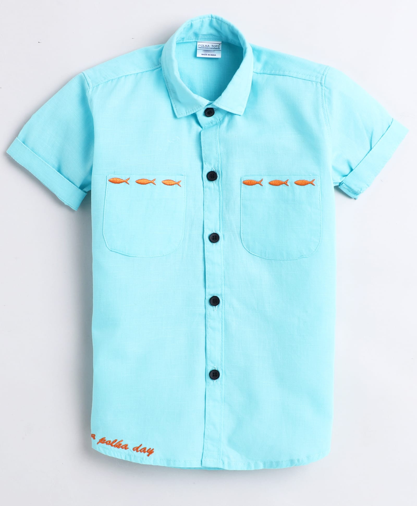 Polka Tots Cotton Woven Half Sleeves Fish Embroidered Shirt - Sky Blue-image-31