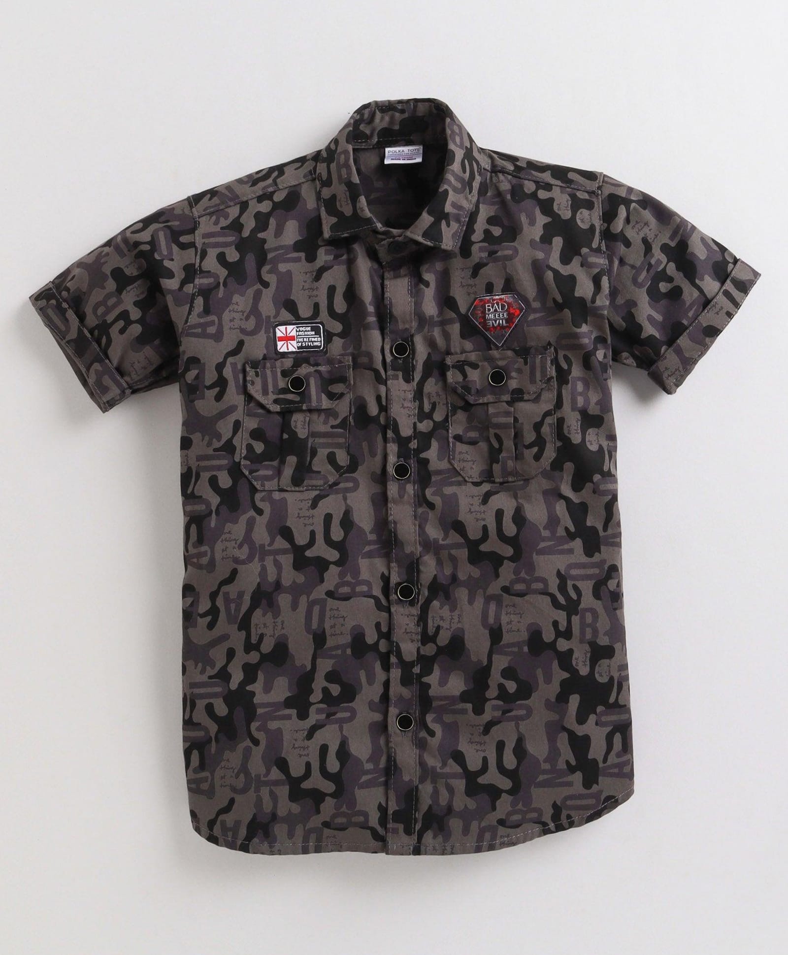 Polka Tots Cotton Woven Half Sleeves Camouflage & Alphabets Printed Shirt - Dark Grey-image-19