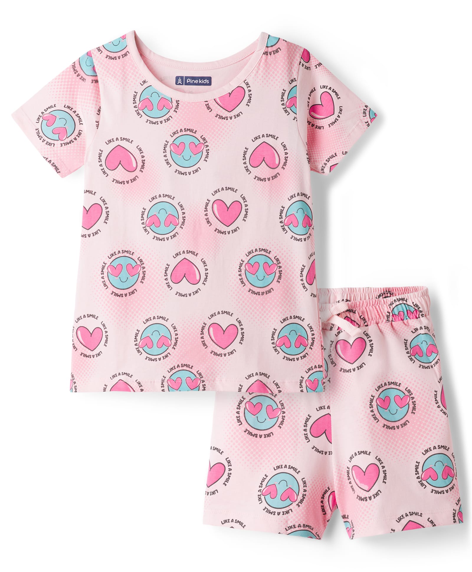Pine Kids Cotton Knit Half Sleeves Top & Shorts Co-ord Night Suit with Heart Print - Pink-image-48