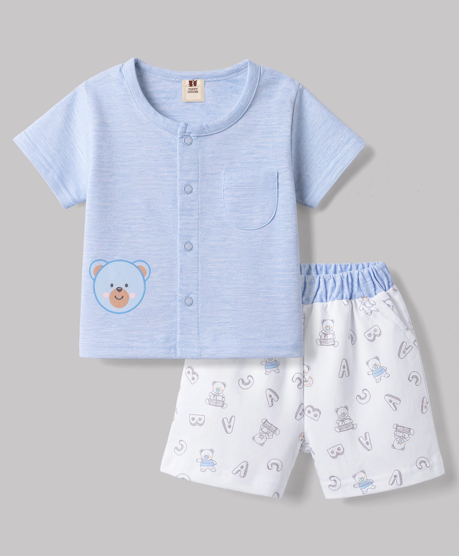ToffyHouse Interlock Woven Half Sleeves T-Shirt & Shorts Set with Teddy Print - Blue-picture-0