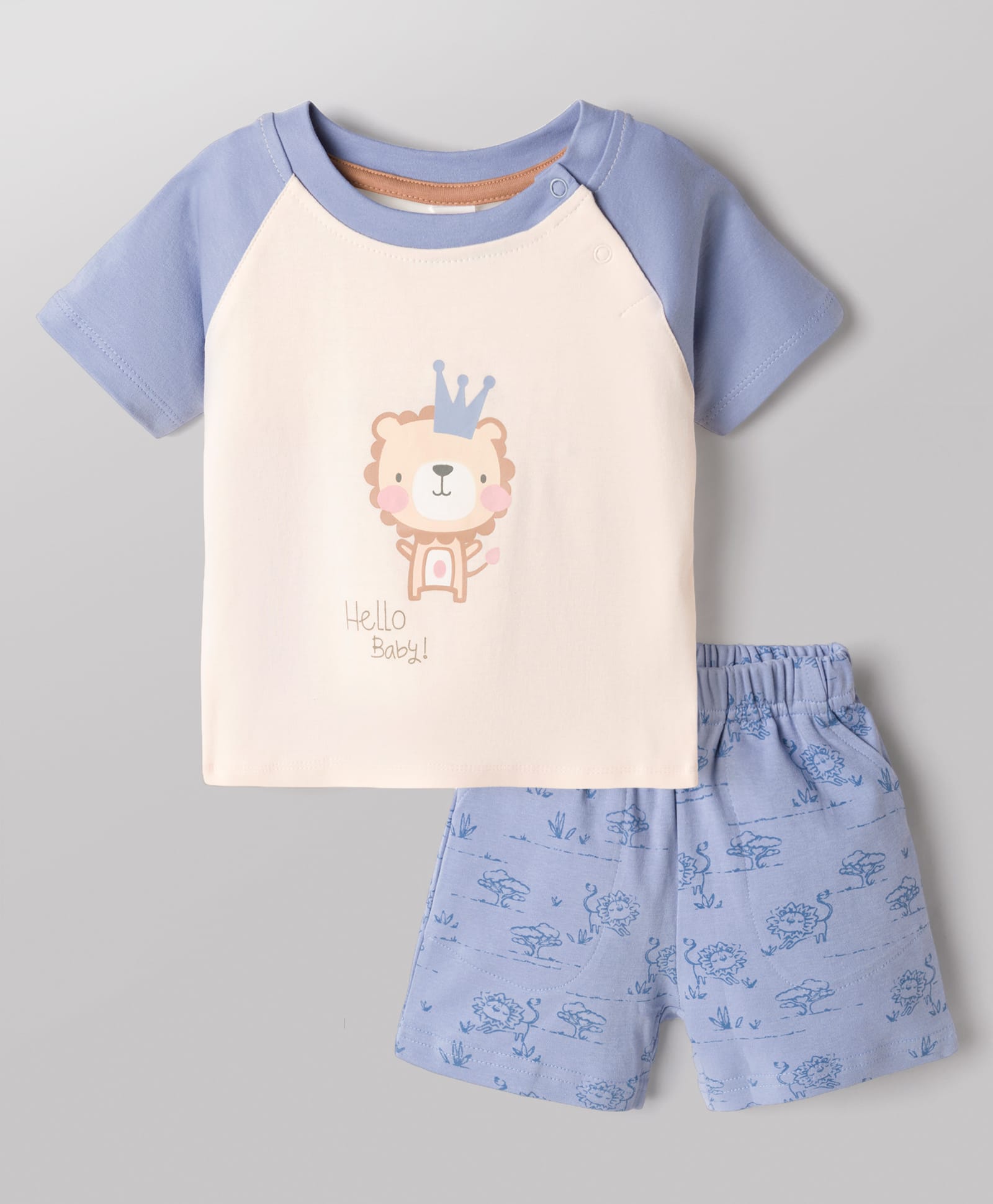 ToffyHouse Interlock Woven Raglan Half Sleeves Lion Printed T-Shirt & Shorts Night Suit - Light Blue-picture-27