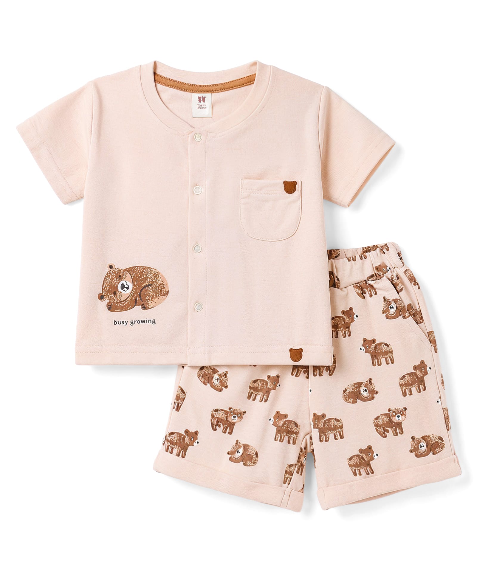 ToffyHouse Interlock Woven Half Sleeves T-Shirt & Shorts Night Suit With Bear Print - Brown-picture-25