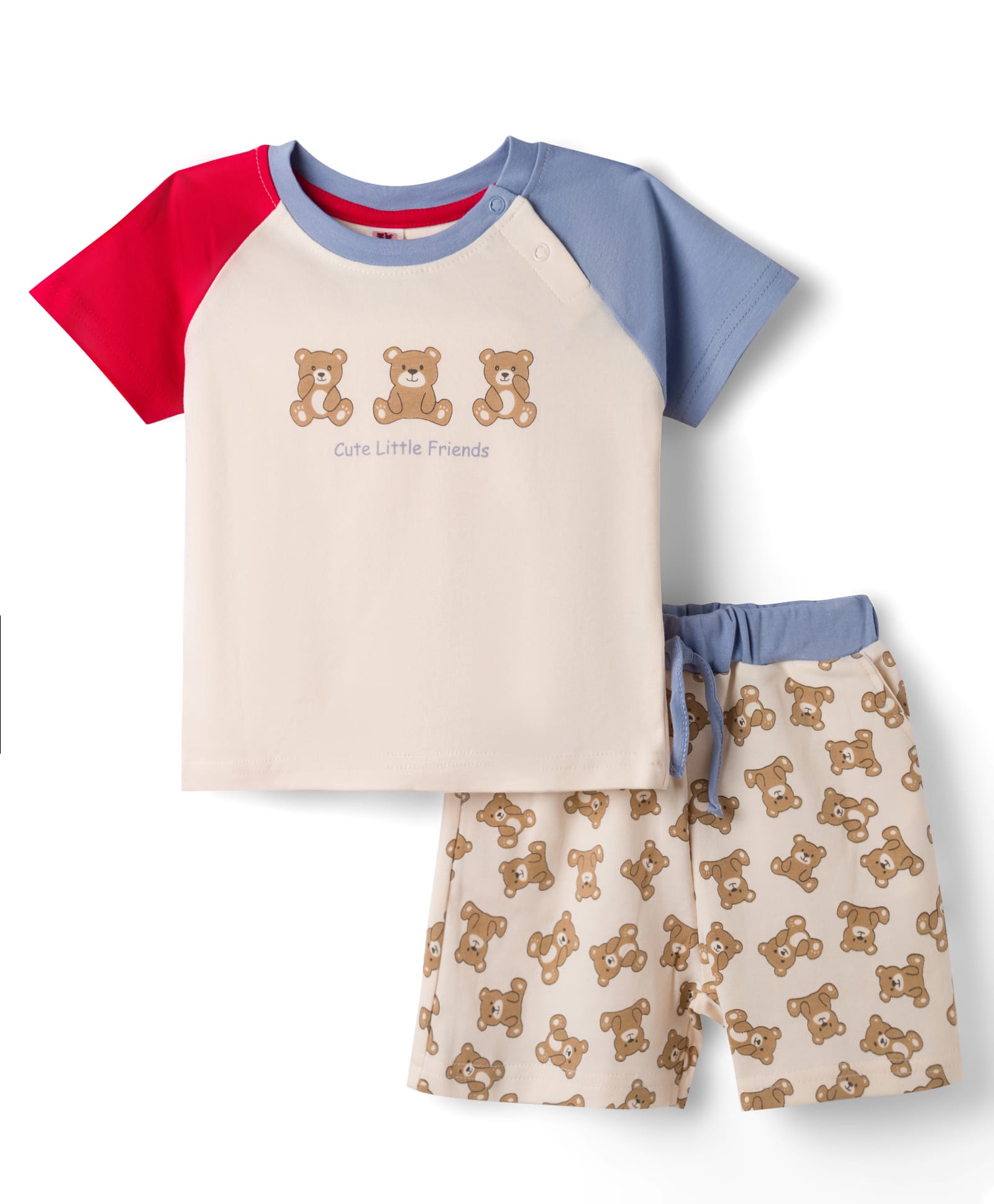 ToffyHouse Interlock Woven Half Sleeves T-Shirt & Shorts Night Suit with Bear Print - Offwhite-picture-14