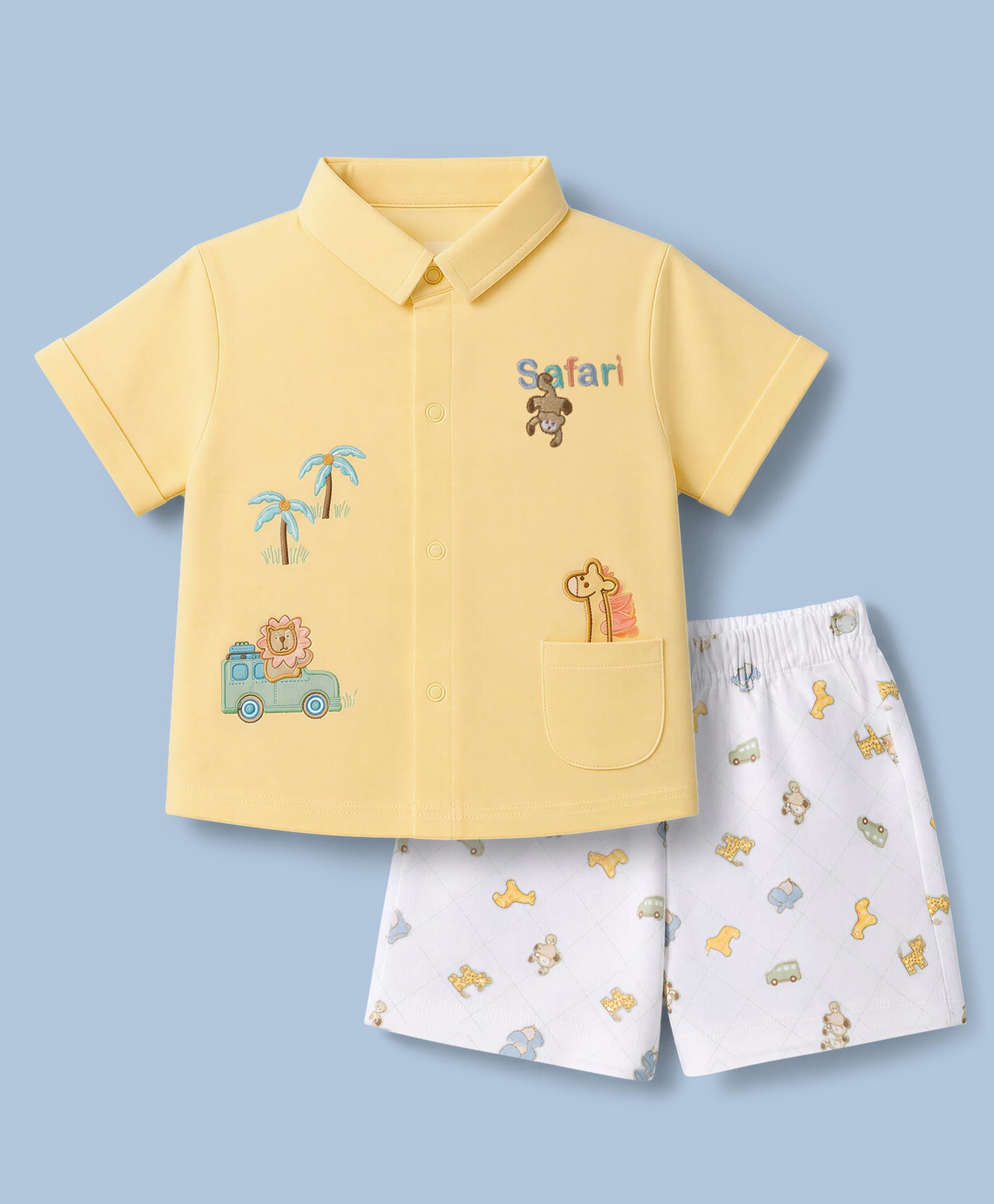 ToffyHouse Interlock Knit Half Sleeves Safari Embroidered Shirt and Shorts Set - Lemon Yellow-image-17