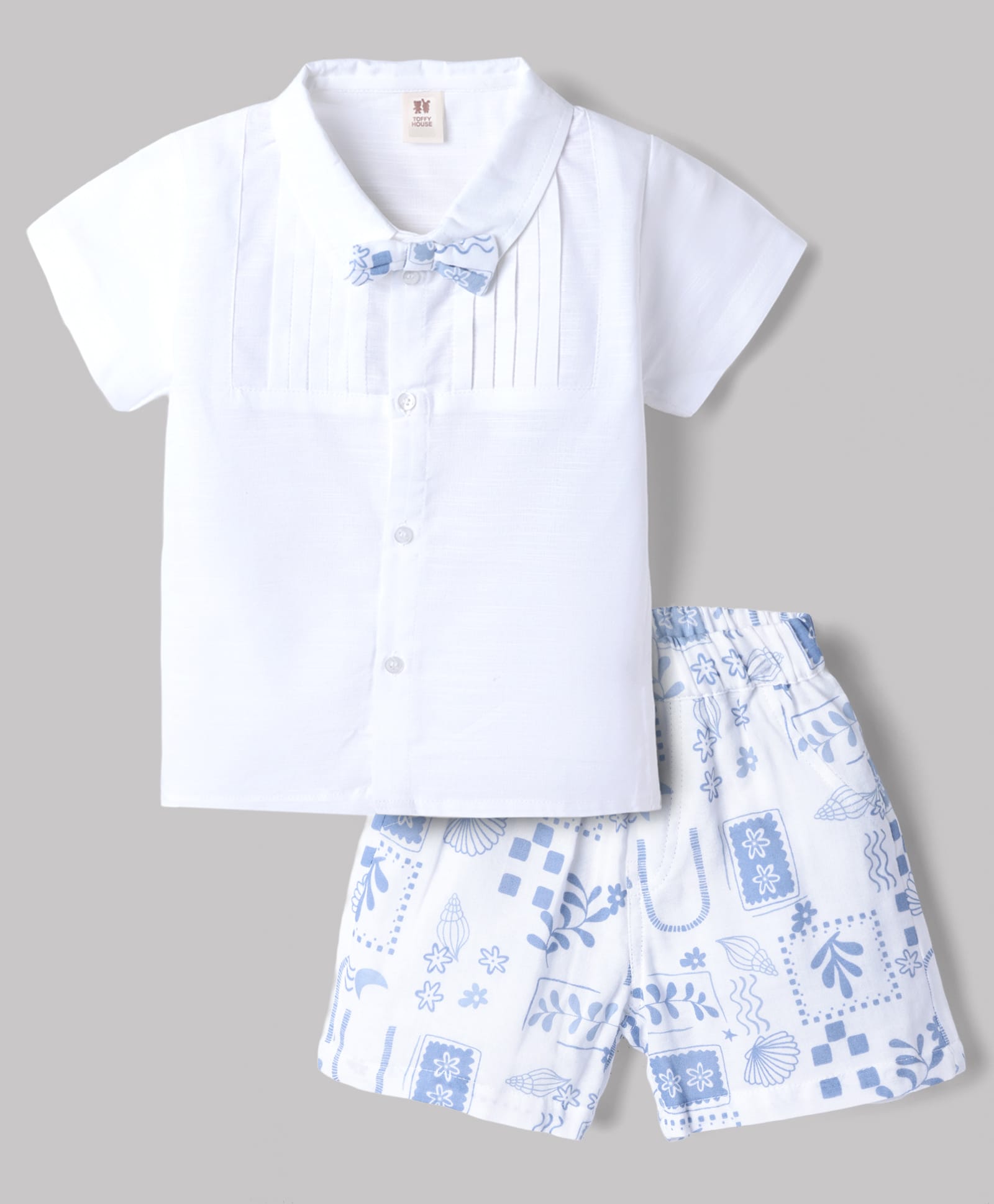 ToffyHouse Cotton woven Half Sleeves Pin Tucked Shirt with Attached Bow & Sea Life Printed Shorts Set - White-picture-32