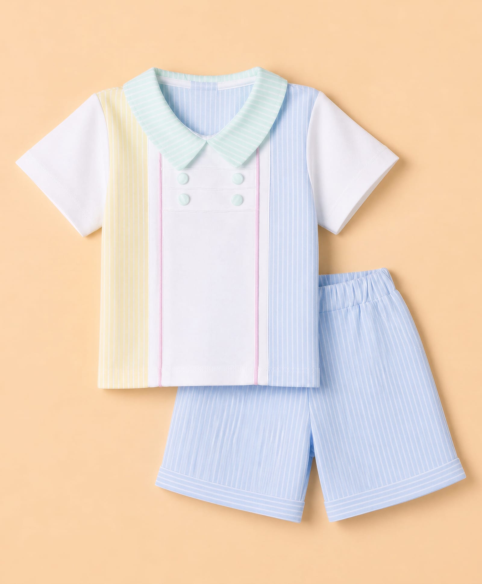 ToffyHouse Interlock Knit Half Sleeves Striped T-Shirt & Shorts Set - Off White-picture-15
