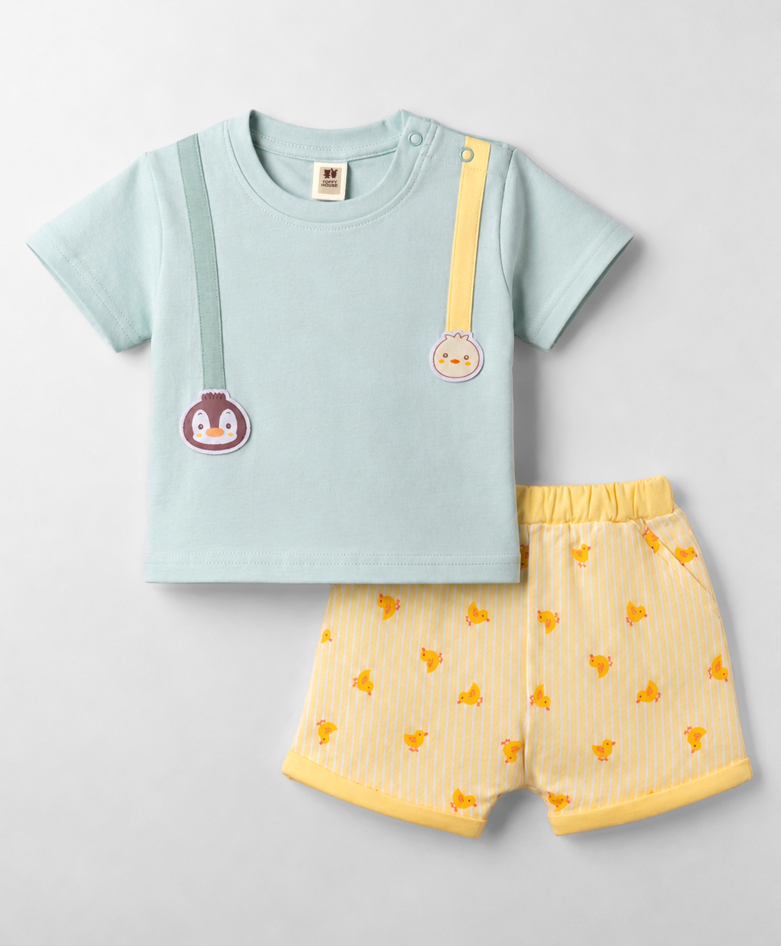 ToffyHouse Cotton Woven Half Sleeves Striped & Birds Printed T-Shirt & Shorts Night Suit With Patch - Sea Green-picture-25