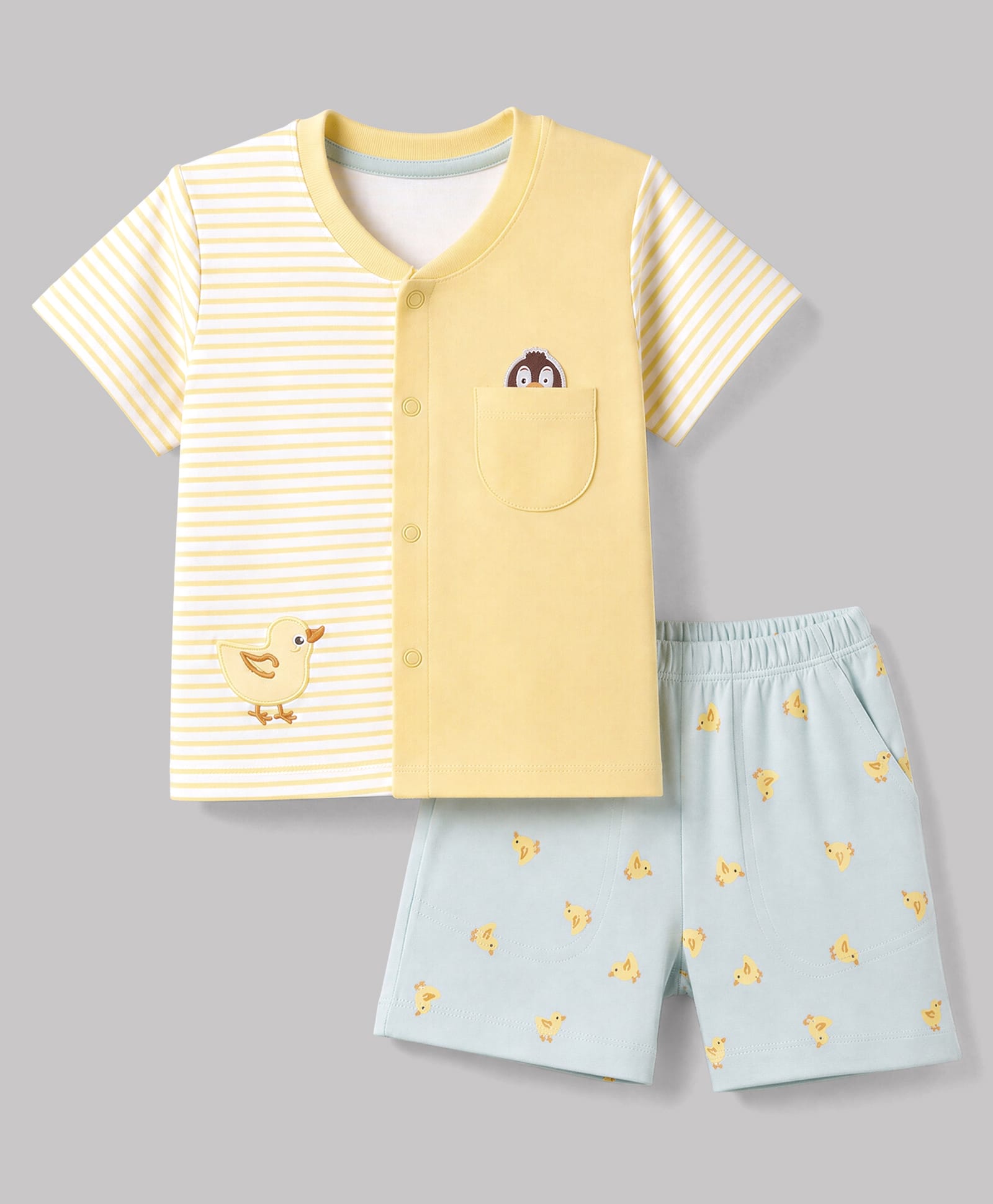 ToffyHouse Interlock Woven Half Sleeves Striped & Birds Embroidered T-Shirt & Shorts Night Suit - Yellow-image-40