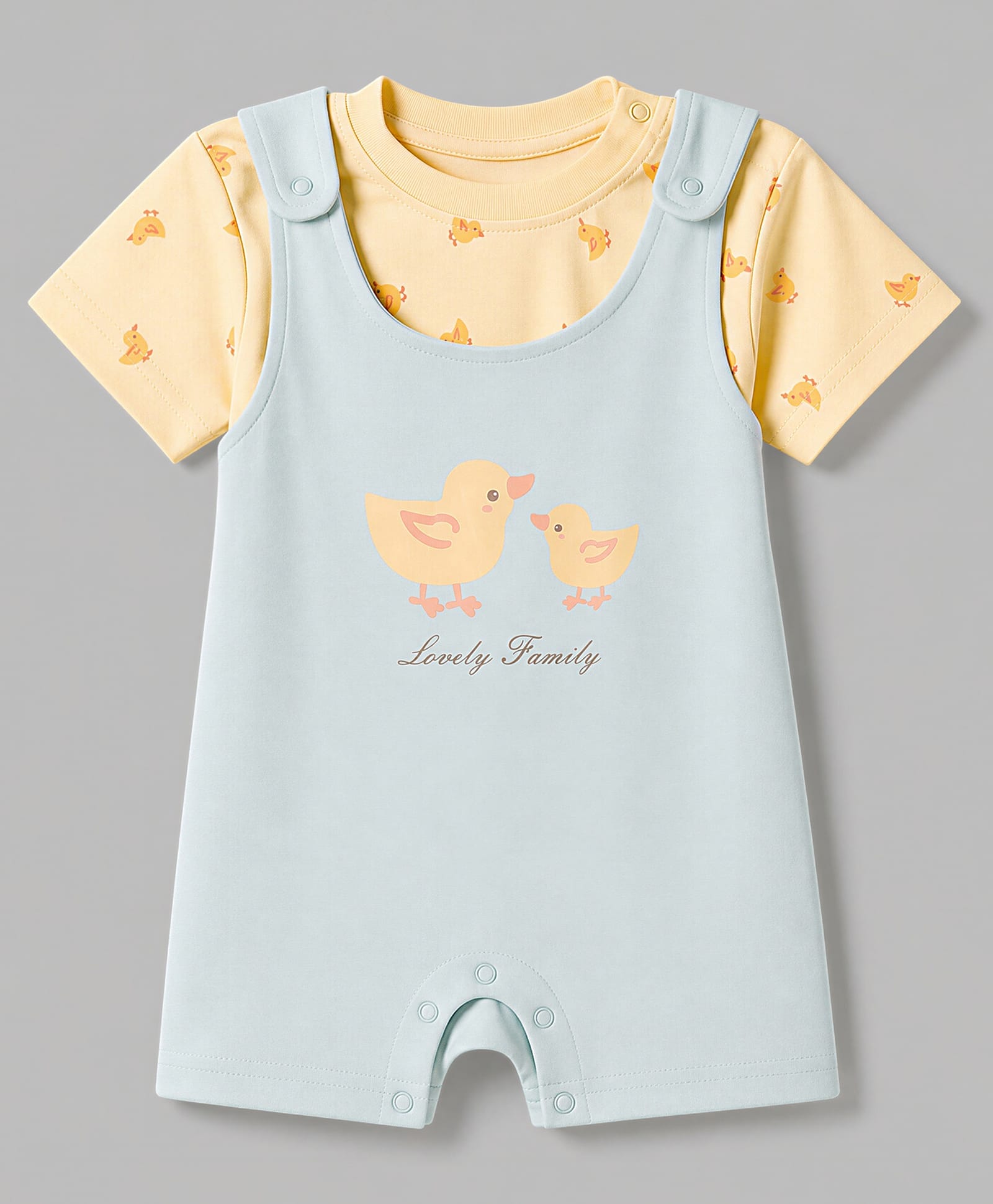 ToffyHouse Interlock Knit Half Sleeves Dungaree with Birds Print - Light Green & Yellow-image-10