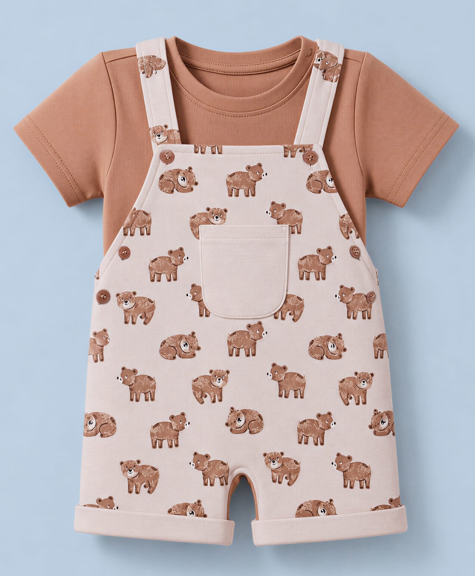 ToffyHouse Interlock Knit Teddy Bear Printed Dungarees With Half Sleeves T-Shirt - Brown-picture-10