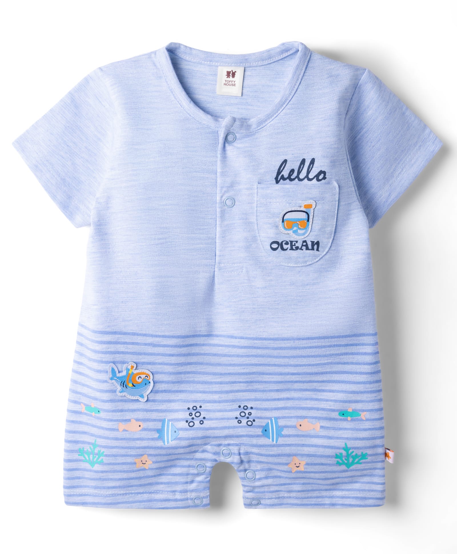 ToffyHouse Interlock Knit Half Sleeves Romper with Fish Print & Patch - Blue-image-38