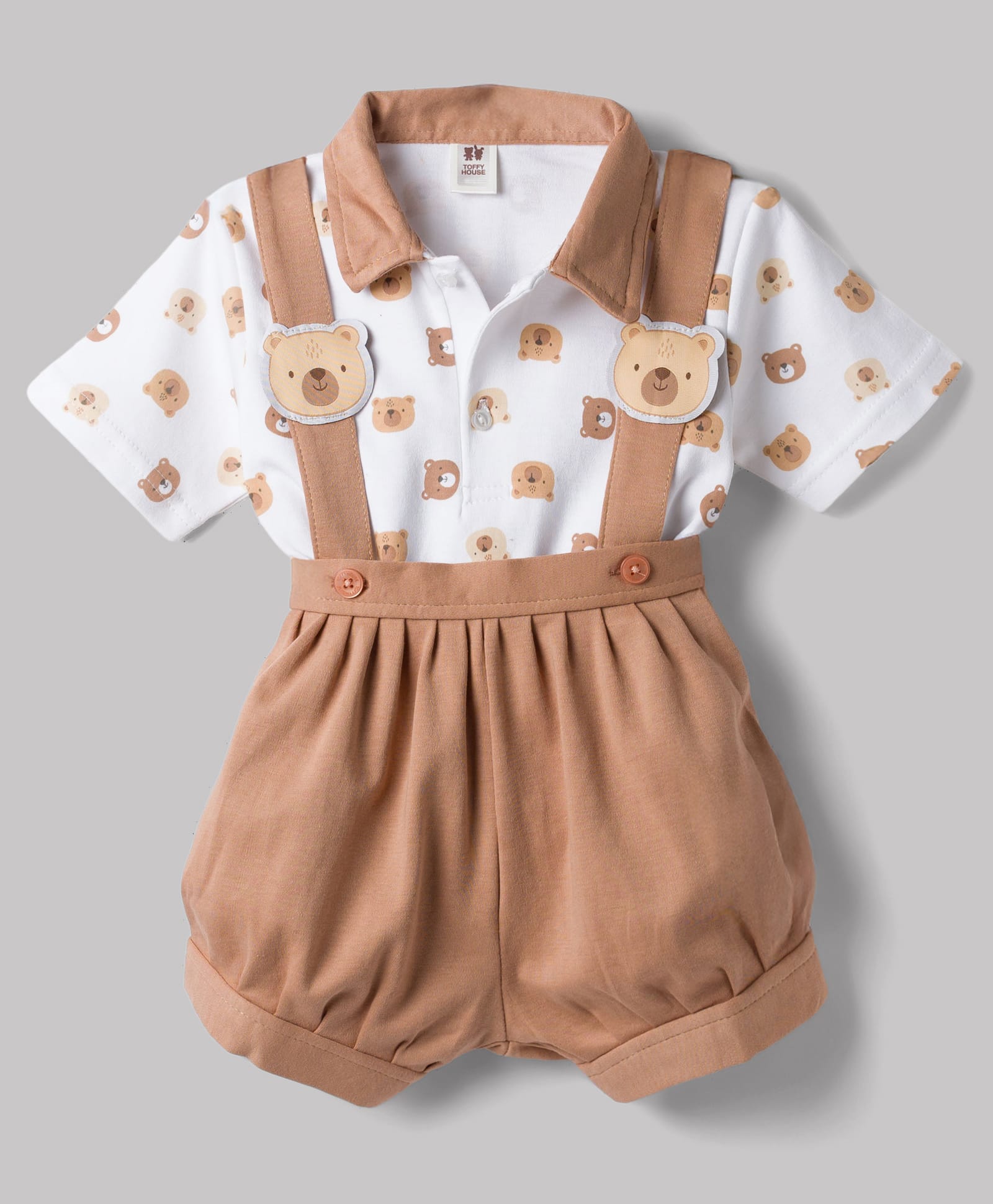 ToffyHouse Interlock Knit Half Sleeves Bear Printed T-Shirt & Shorts Set with Attached Suspender- Off white-picture-42