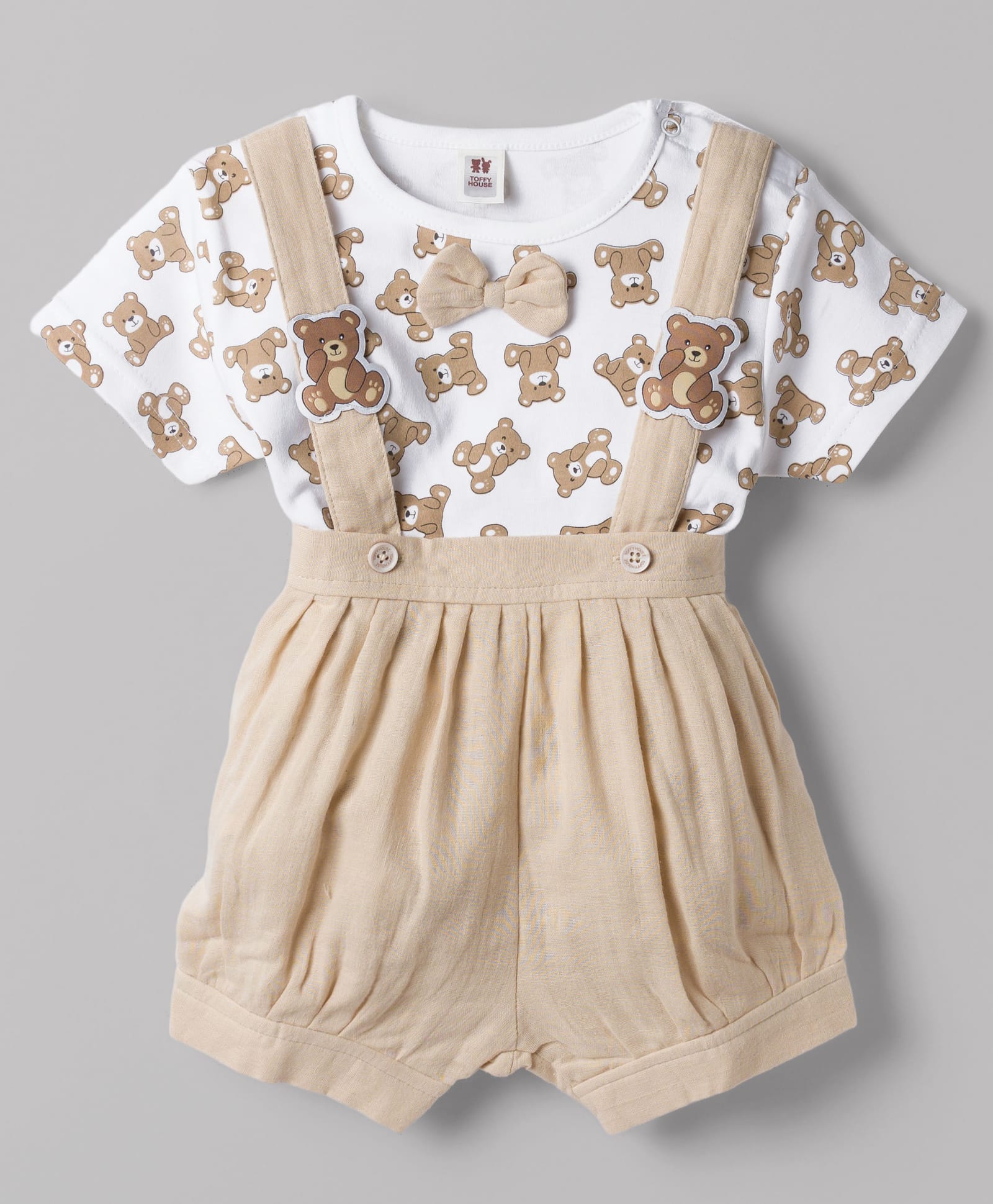 ToffyHouse Interlock Knit Half Sleeves Bear Printed T-Shirt & Shorts Set with Attached Suspender- Tan-image-47