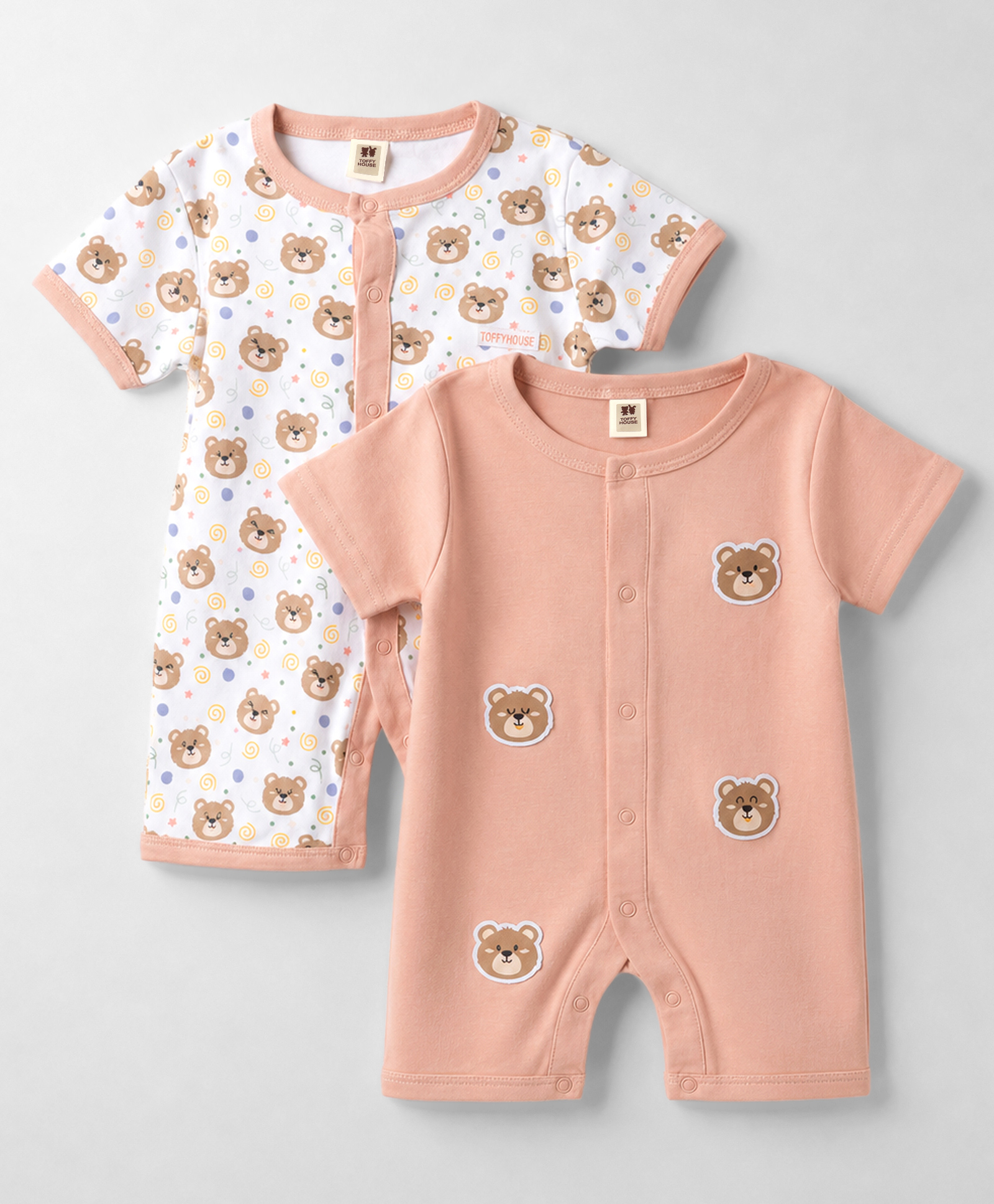 ToffyHouse Interlock Knit Half Sleeves Bear Printed Rompers With Patch Pack Of 2 - Peach & White-image-20