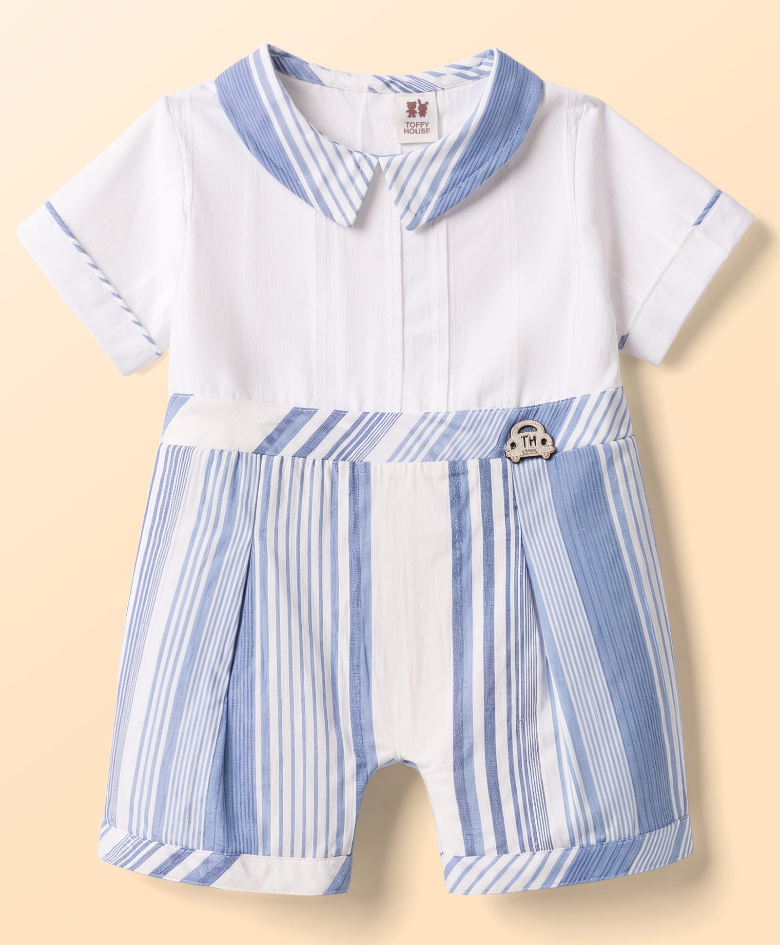 ToffyHouse Interlock Knit Half Sleeves Striped Romper With Applique - Blue-image-28