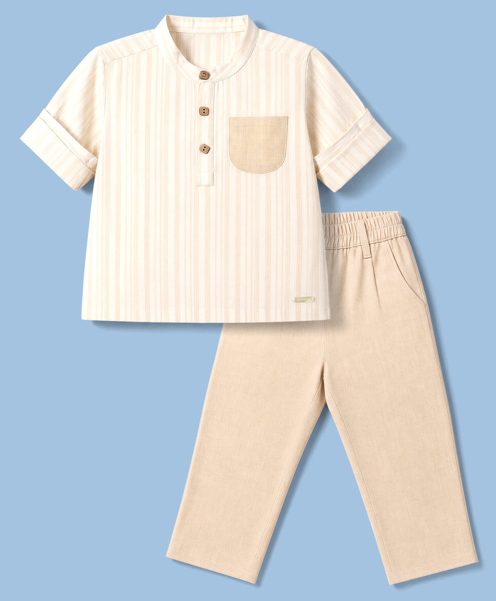 ToffyHouse Cotton Knit Full Sleeves Kurta Style Shirt & Pant Set with Stripes - Off White-image-43