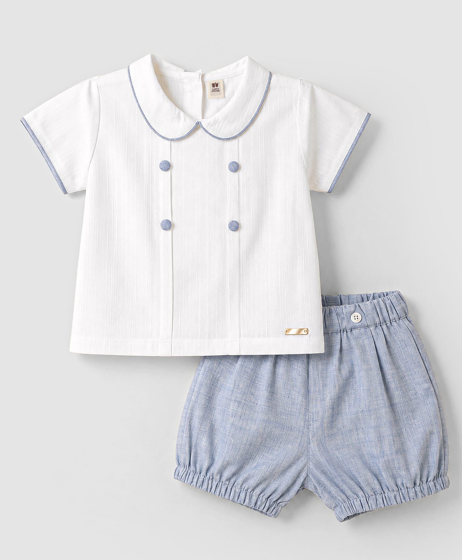 ToffyHouse Cotton Interlock Knit Half Sleeves Peter Pan Collar T-Shirt & Shorts Set - Blue-picture-15