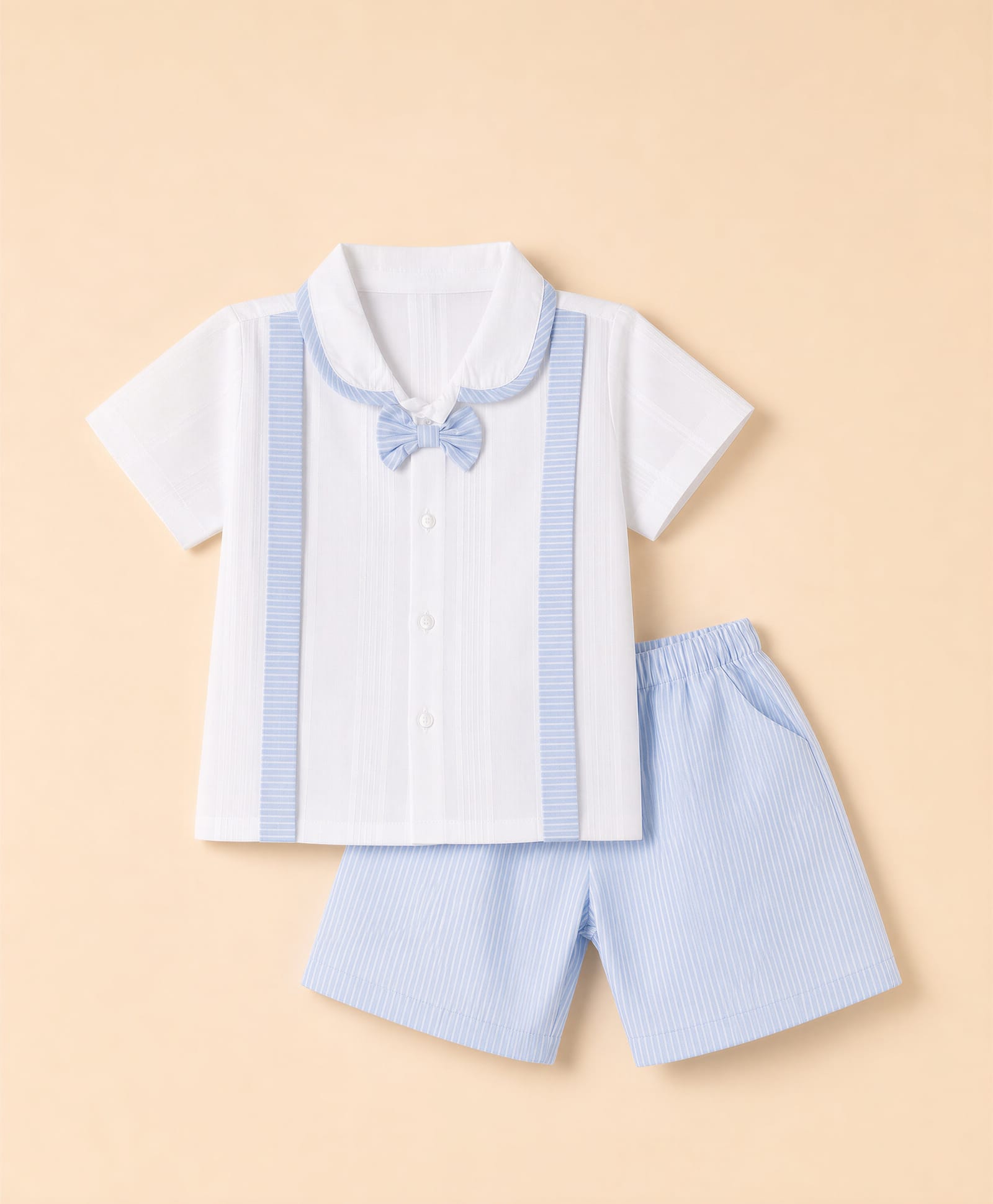 ToffyHouse Cotton Woven Half Sleeves Shirt & Shorts Set With Stripes & Attached Bow - White & Light Blue-image-45