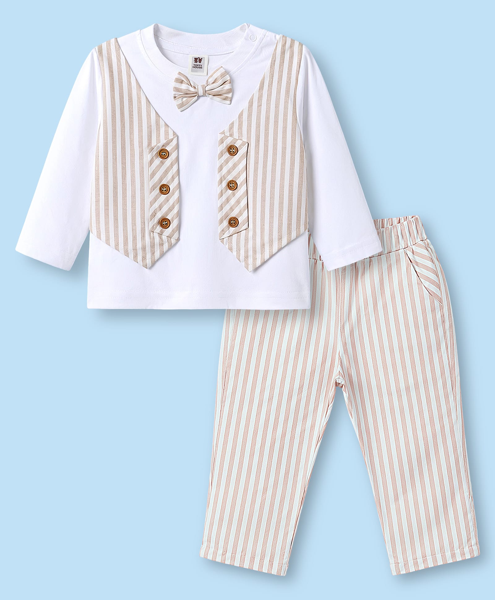 ToffyHouse Interlock Knit Full Sleeves Striped Party Suit With Bow Applique - Beige-picture-15