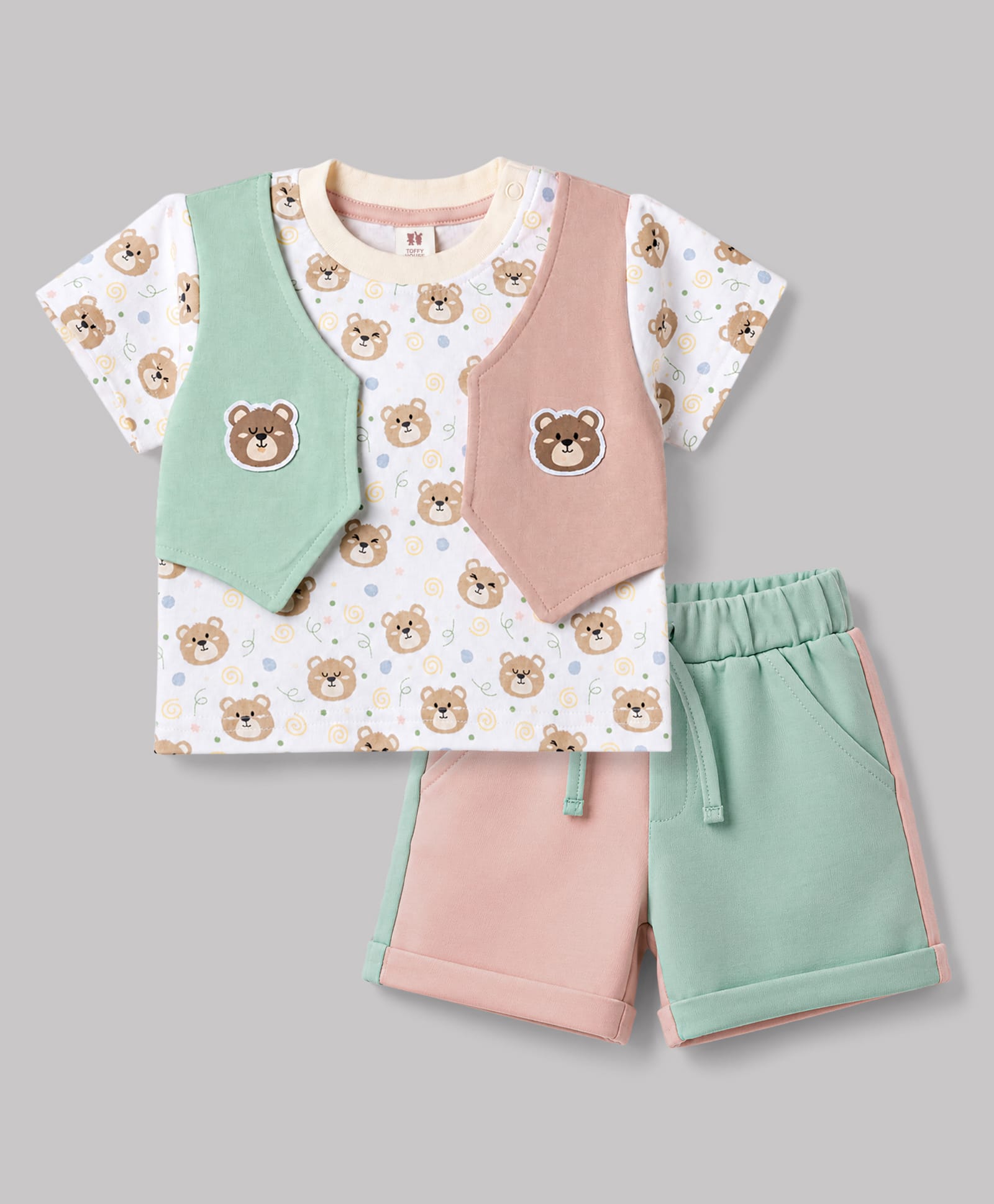 ToffyHouse Interlock Knit Half Sleeves Bear Printed T-Shirt & Shorts Set With Patch - Multicolor-picture-36