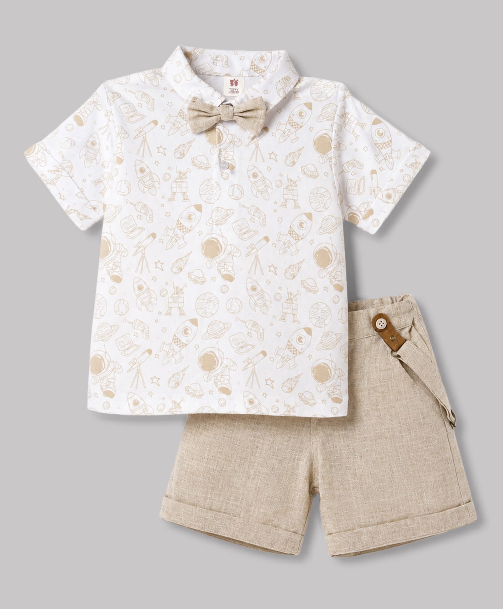 ToffyHouse Interlock Knit Half Sleeves Space Theme Printed T-Shirt & Shorts Set With Suspender & Bow - OffWhite-picture-11