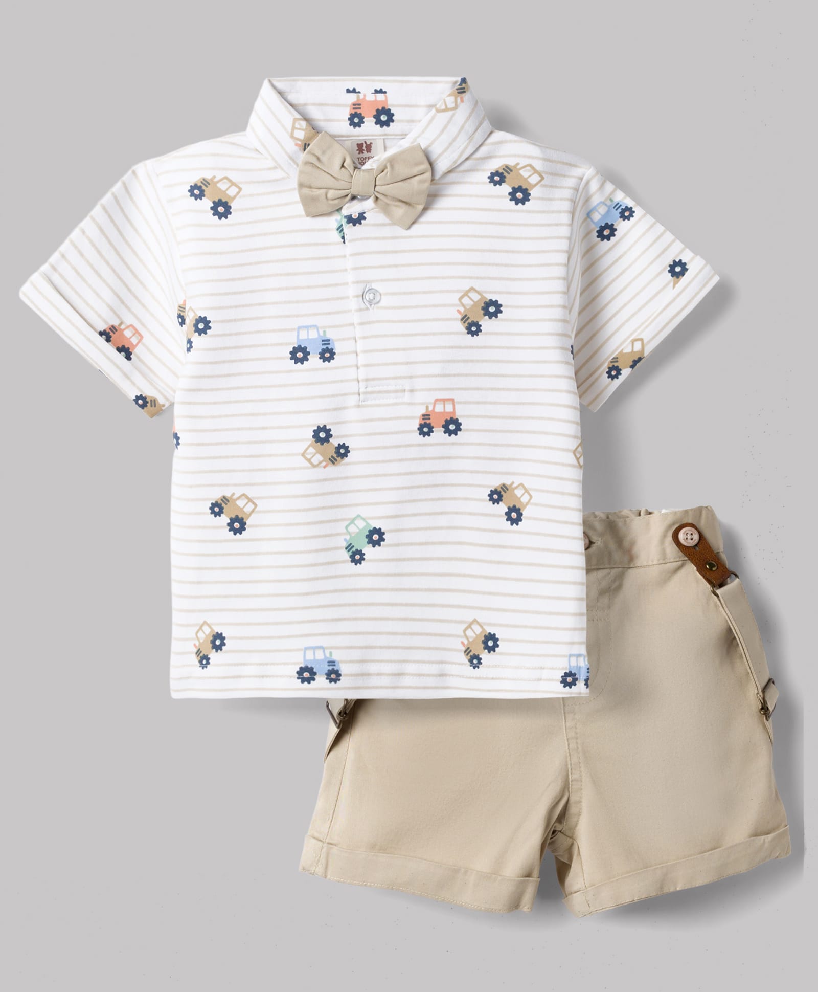 ToffyHouse Interlock Knit Half Sleeves Striped & Car Printed T-Shirt & Shorts Set with Bow & Suspender- Off white-picture-0