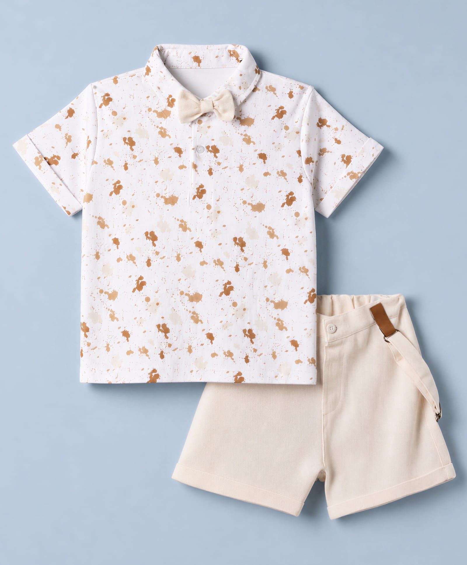 ToffyHouse Interlock Knit Half Sleeves Colour Splash Printed Shirt & Shorts Set with Bow & Suspender - White-image-18