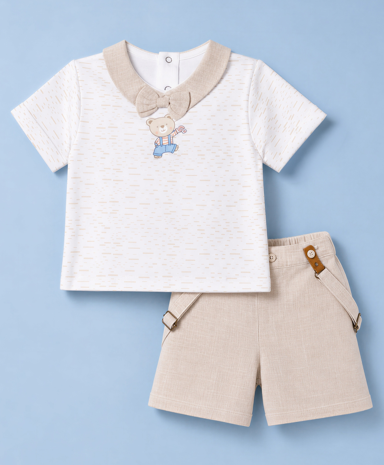 ToffyHouse Interlock Knit Half Sleeves T-Shirt & Shorts Set With Teddy Bear Print & Bow - Off White-picture-16