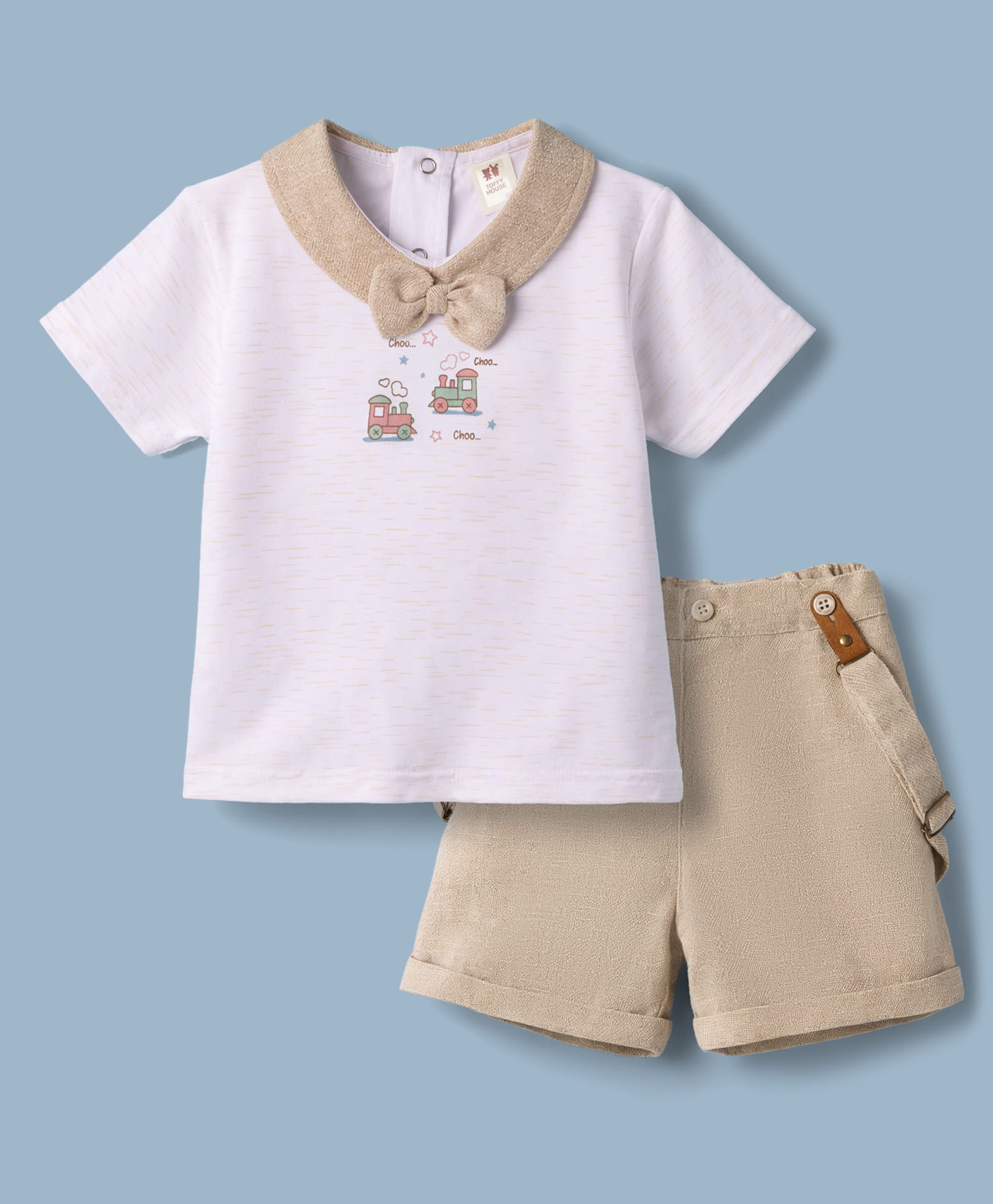 ToffyHouse Interlock Knit To Woven Half Sleeves Party T-Shirt & Shorts With Suspender Train Print & Bow Applique - Offwhite-picture-39