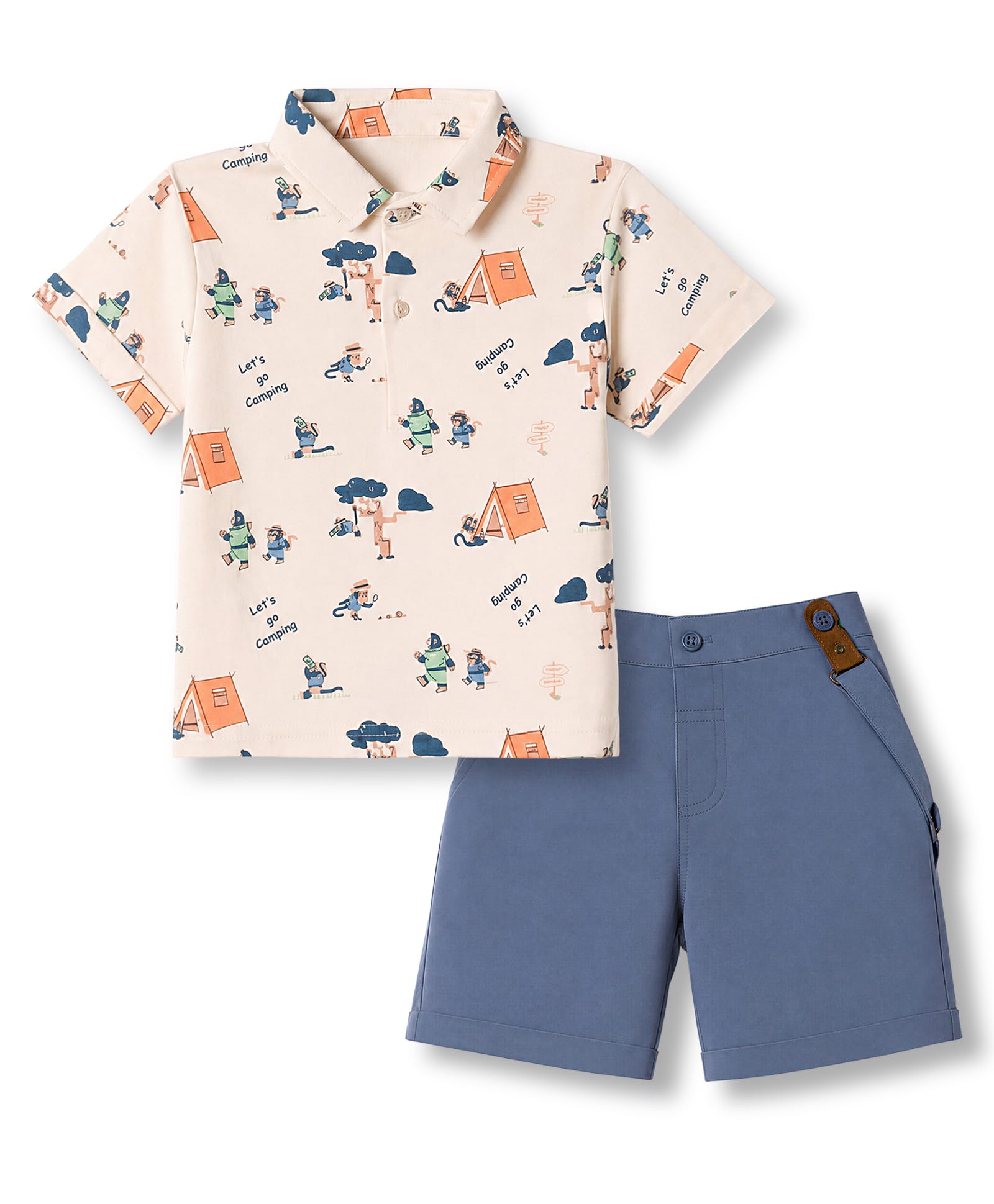 ToffyHouse Interlock Knit Half Sleeves Shirt & Shorts Set With Monkey Print & Bow - Beige & Blue-picture-21