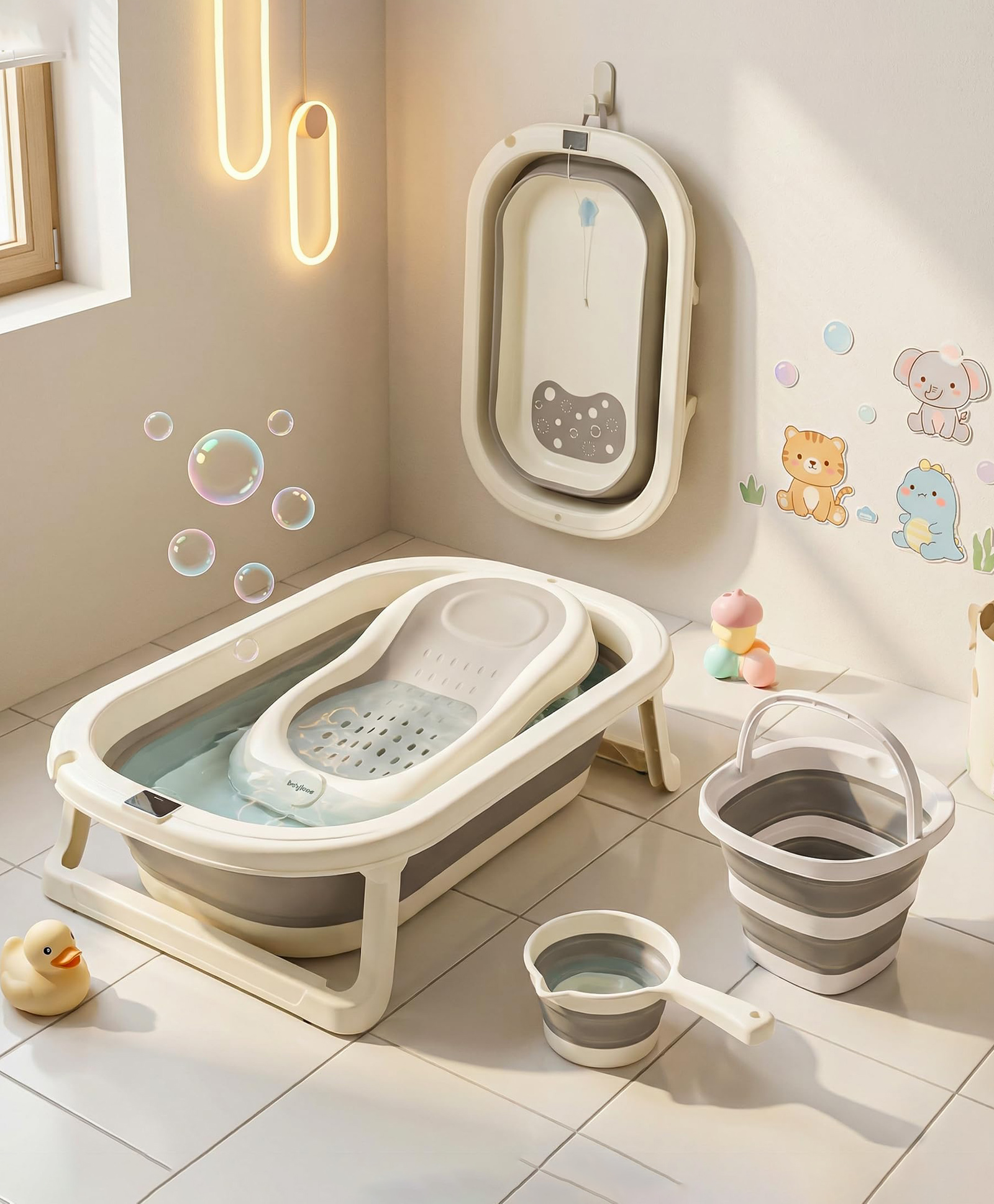 Baybee Aquabee Baby Bath Tub Set for Kids | Portable Bathing Tub with Temperature Sensing | Foldable Bucket & Mug | Bath Seat Chair | Multi-Purpose Bathtub for Baby Bather for 0 to 5 Years (Grey)-image-1