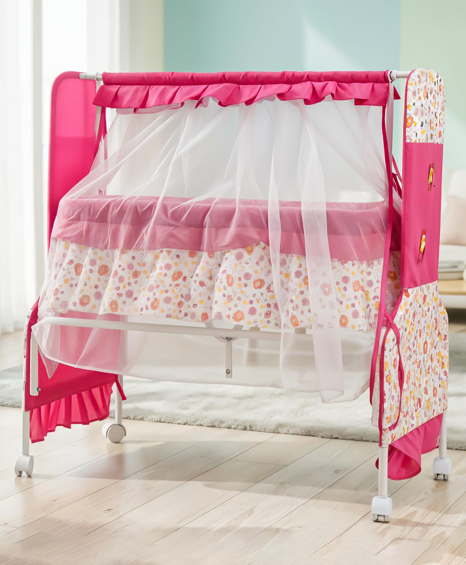 BAYBEE Baby Swing Cradle for Newborn Babies with Mosquito Net, Infant Jhula, Palna for Kids, Portable Cradle for Baby Bed with 360°Locking Wheels Cradle for 0 to 12 Months Boys & Girls (Pink)-picture-15