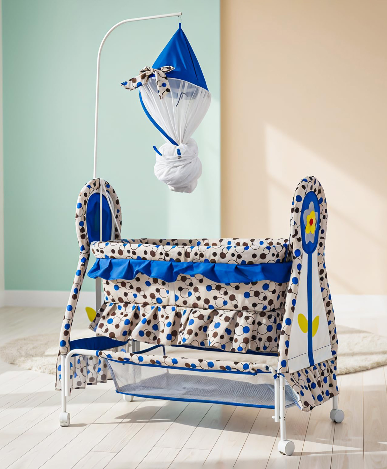 Baybee Baby Swing Cradle with Mosquito Net Soft Mattress 360° Locking Wheels and Storage Cradle for 0 to 12 Months (Blue)-picture-15