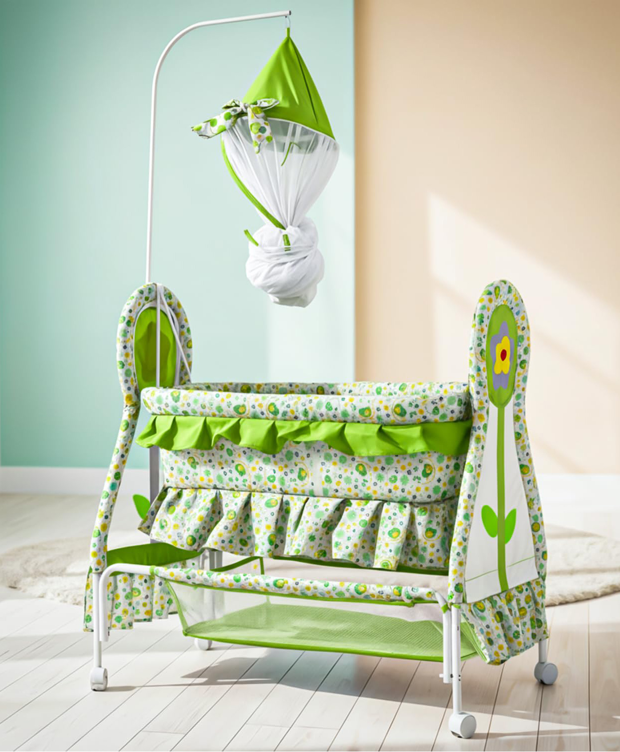 Baybee Baby Swing Cradle with Mosquito Net Soft Mattress 360° Locking Wheels and Storage Cradle for 0 to 12 Months (Green)-picture-20