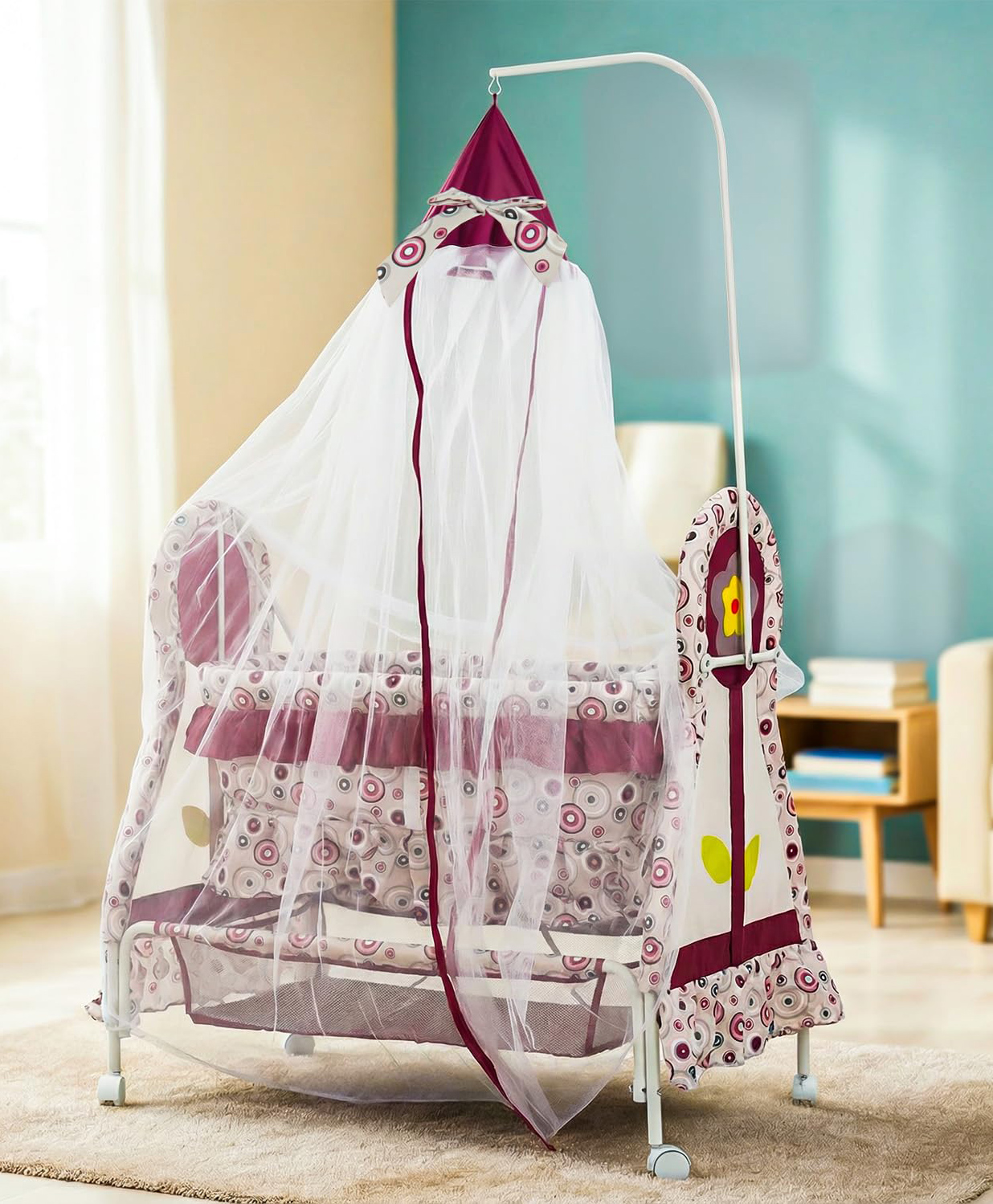 Baybee Baby Swing Cradle with Mosquito Net Soft Mattress 360° Locking Wheels and Storage Cradle for 0 to 12 Months (Purple)-picture-13