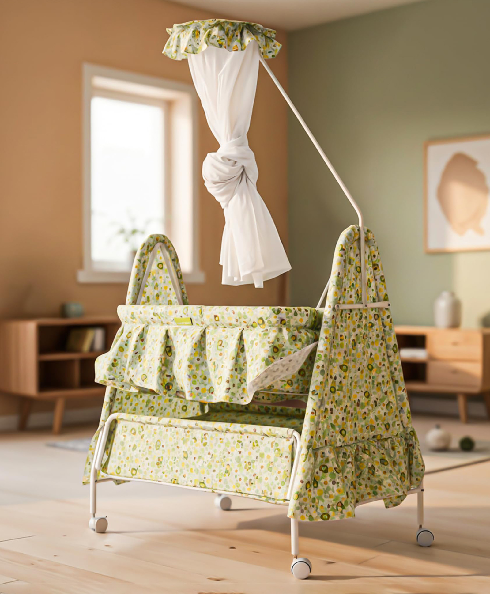 BAYBEE Baby Swing Cradle for Newborn Babies with Mosquito Net, Infant Jhula, Palna for Kids, Portable Cradle for Baby Bed with 360°Locking Wheels Cradle for 0 to 12 Months Boys & Girls (Green)-picture-28