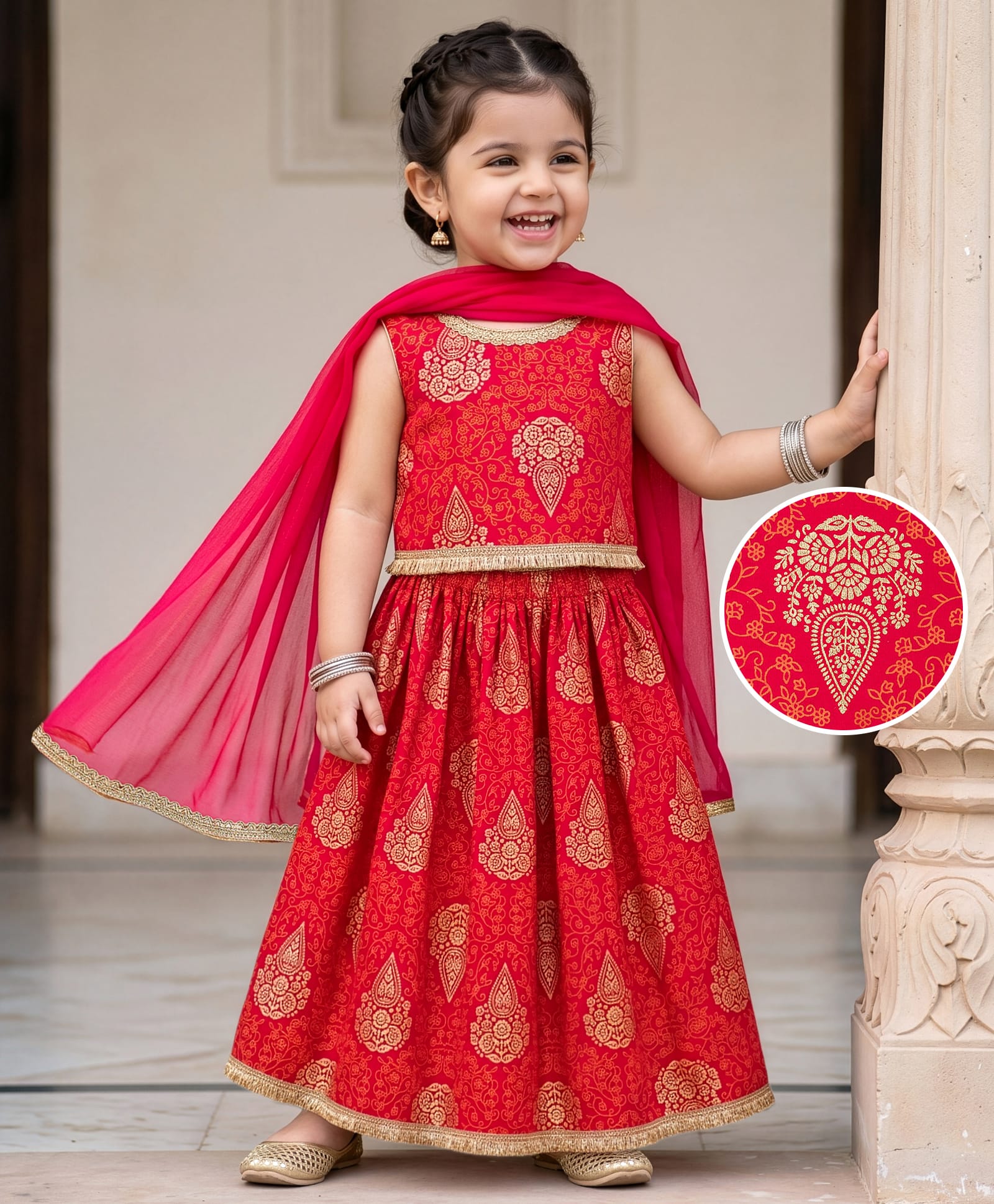 EARTHY TOUCH Cotton Knit Sleeveless Choli Lehenga Set with Dupatta & Floral Glitter Print - Red-image-20