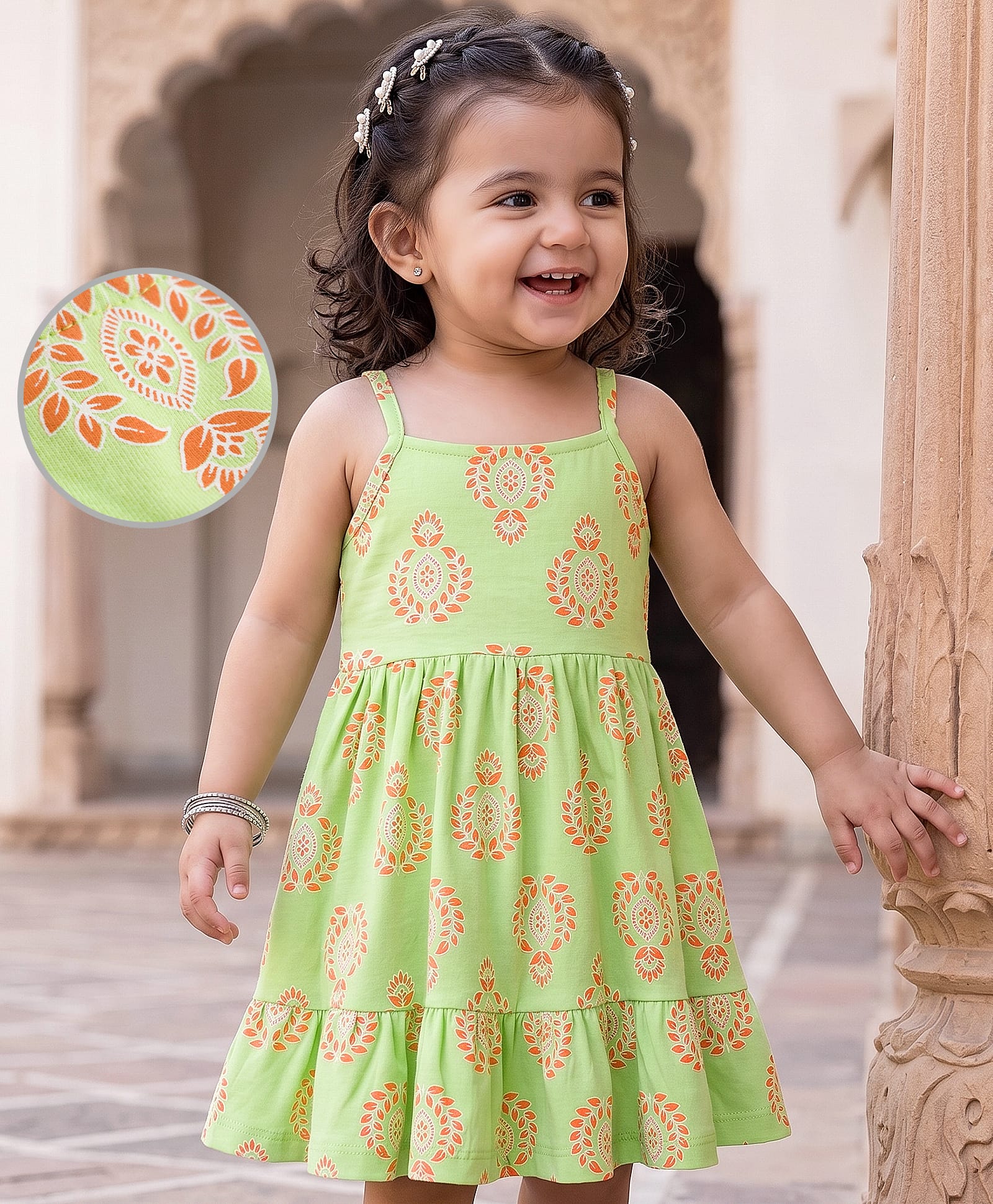 EARTHY TOUCH Cotton Knit Sleeveless Frocks with Floral Print - Lime Green-image-44