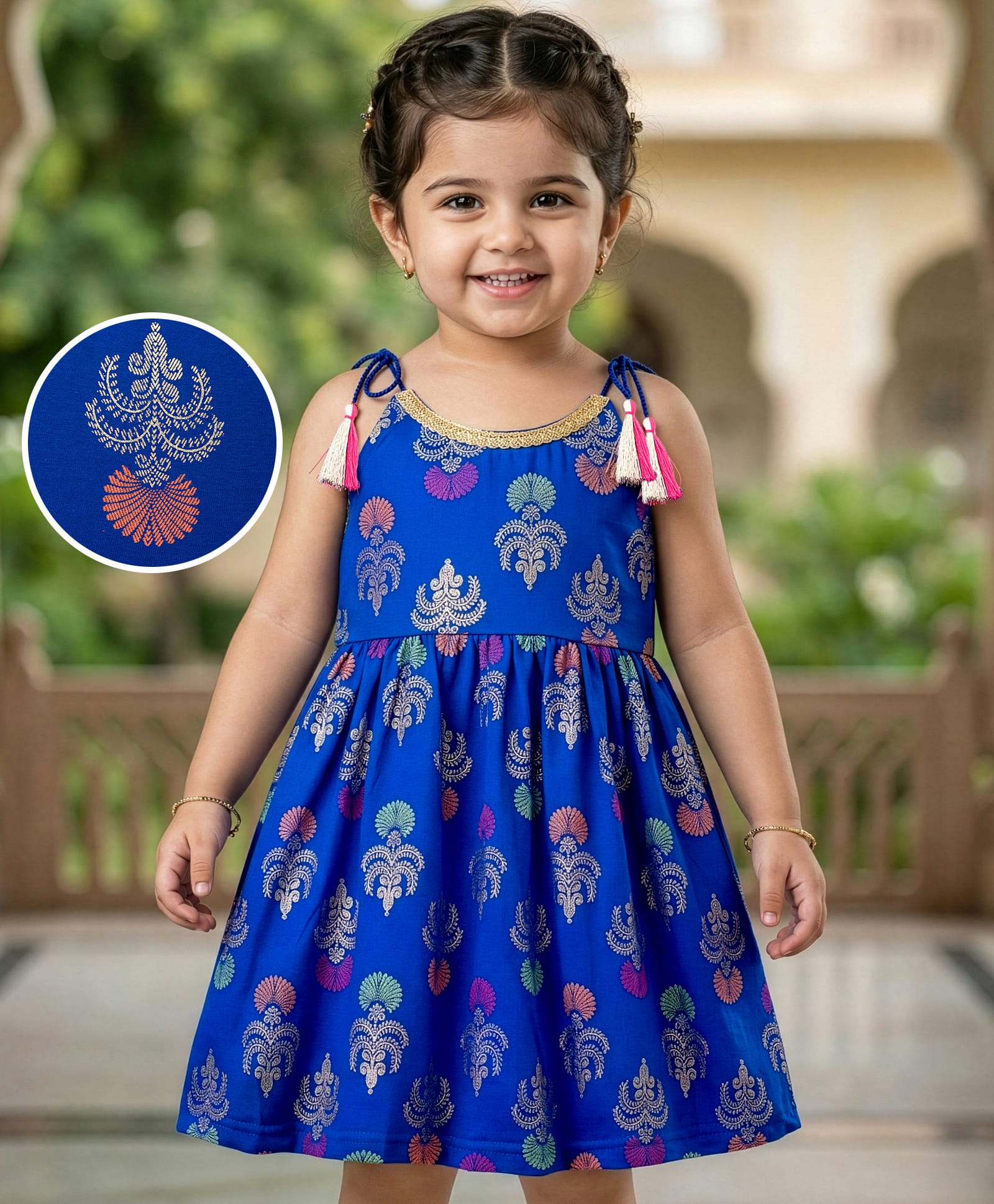 EARTHY TOUCH Cotton Knit Sleeveless Ethnic Dress with Motif Glitter Print - Navy Blue-image-45