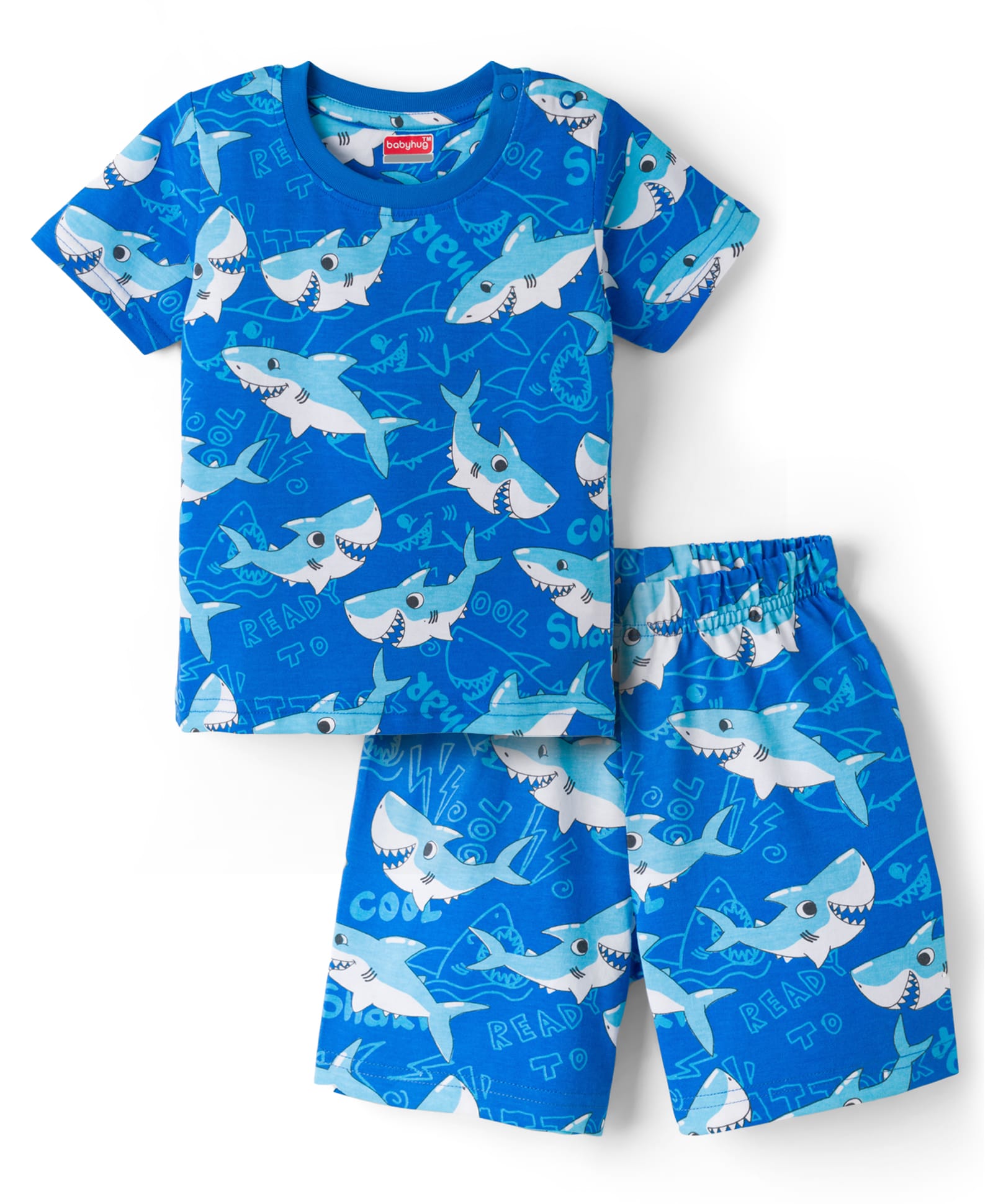 Babyhug Cotton Knit Half Sleeves Sea Life Printed Co-Ords T-Shirt & Shorts Night Suit - Blue-image-42