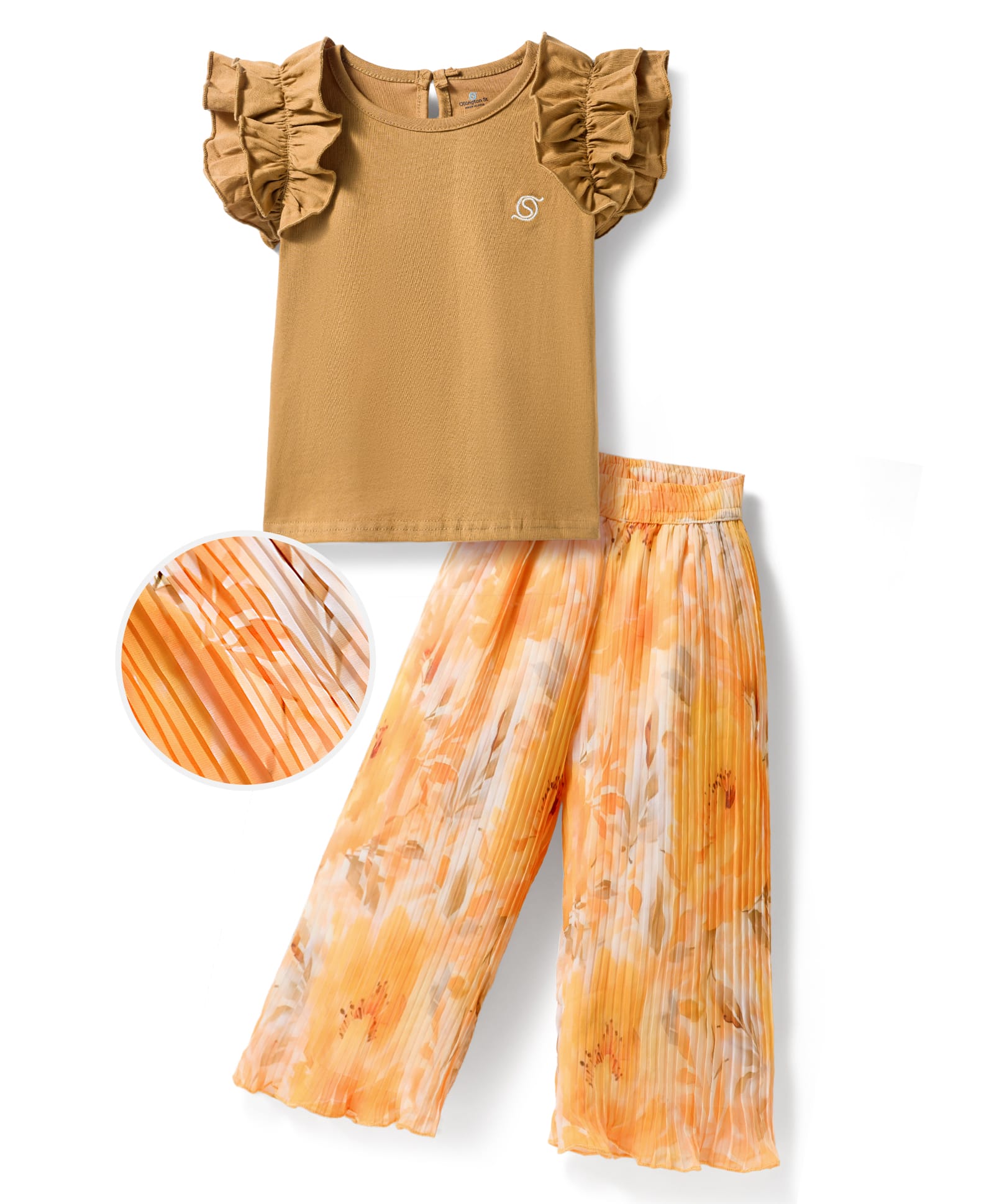OLLINGTON ST. Cotton Knit Half Sleeves Top & Printed Georgette Culotte Set - Mustard & Multicolor-image-4