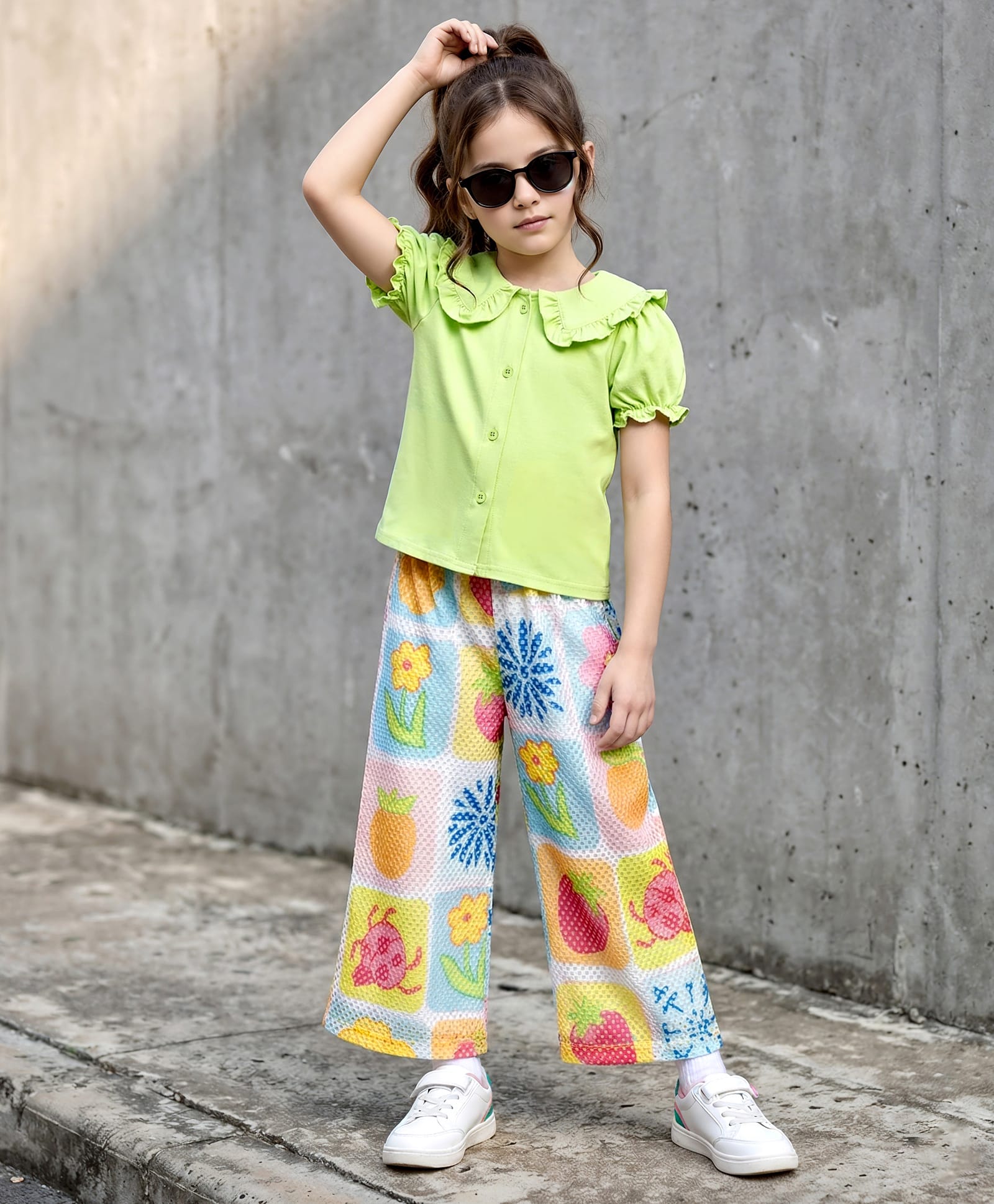 OLLINGTON ST. Cotton Knit Half Sleeves Top & Printed Crochet Culotte Set - Lime & Multicolor-image-14