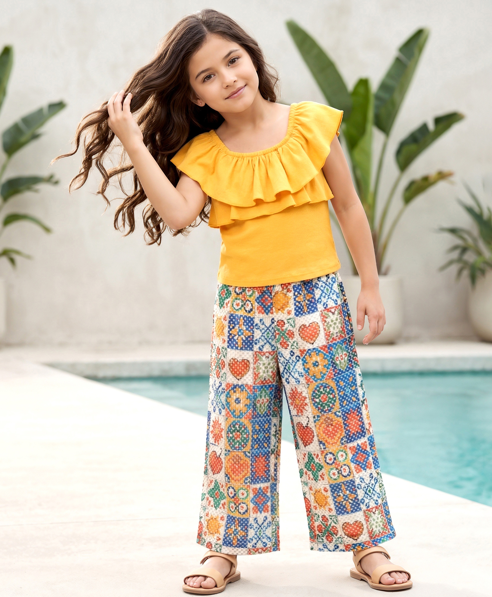 OLLINGTON ST. Cotton Knit Frill Sleeves Top & Printed Crochet Culotte Set - Yellow & Multicolor-image-23