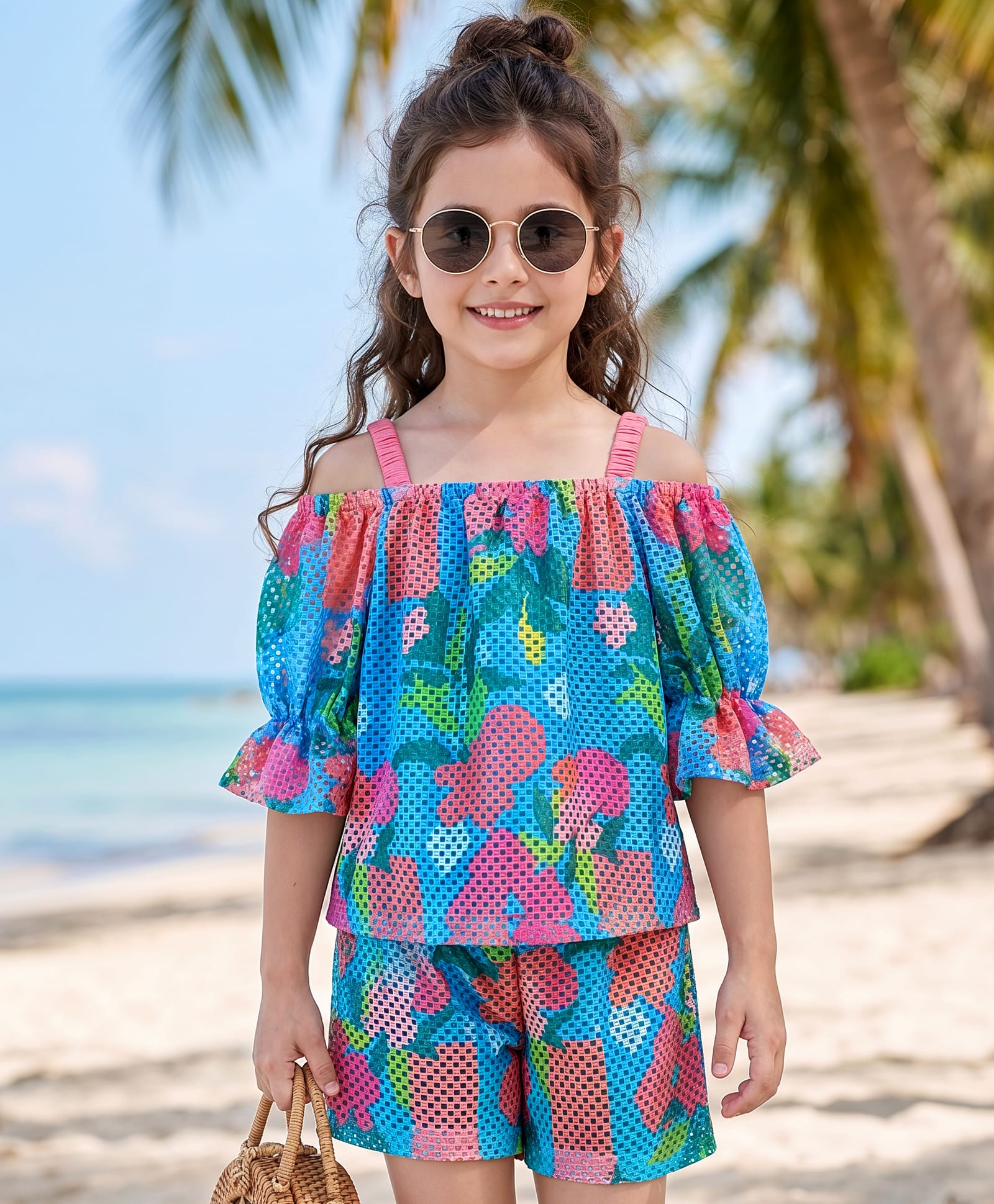 OLLINGTON ST. Crochet Printed Three Fourth Sleeves Off-shoulder Sleeves Top & Shorts Co-Ord Set - Multicolor-image-36